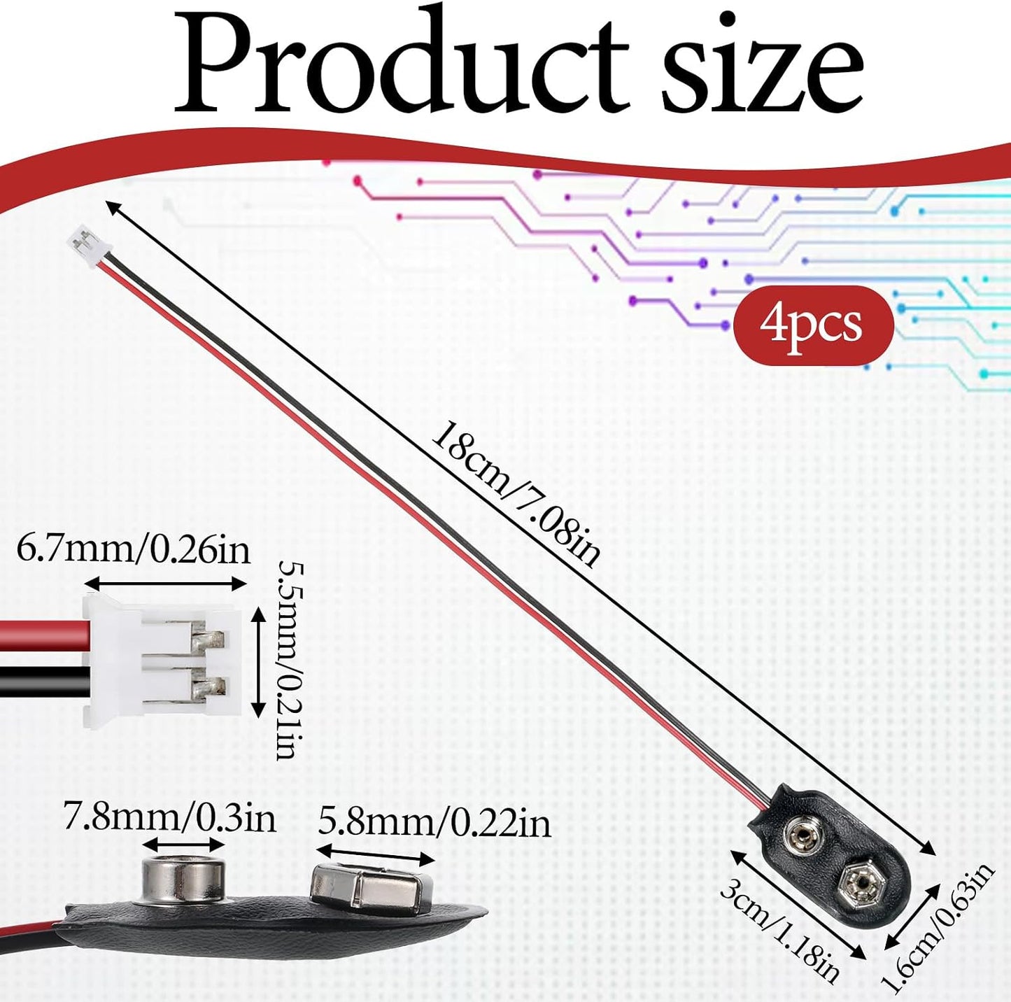EupHHonycs 4 9V 2.0 9 (15cm) Pcs Battery Clip Connector Battery Snap to PH Connector Cable I-Type Volt Clip Wire