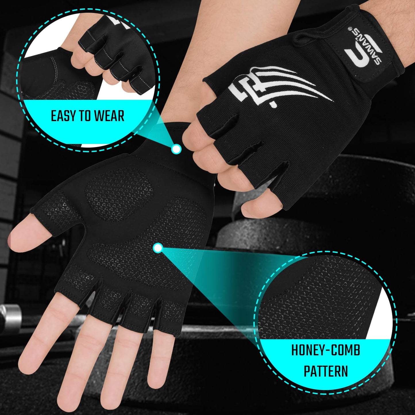 SAWANS Weight Lifting Workout Gloves Lightweight Breathable Padded Palm Protection Gym Gloves Non-Slip Silicone Grip for Men and Women Exercise Fitness Training Pull-ups Deadlifting (Black, L)