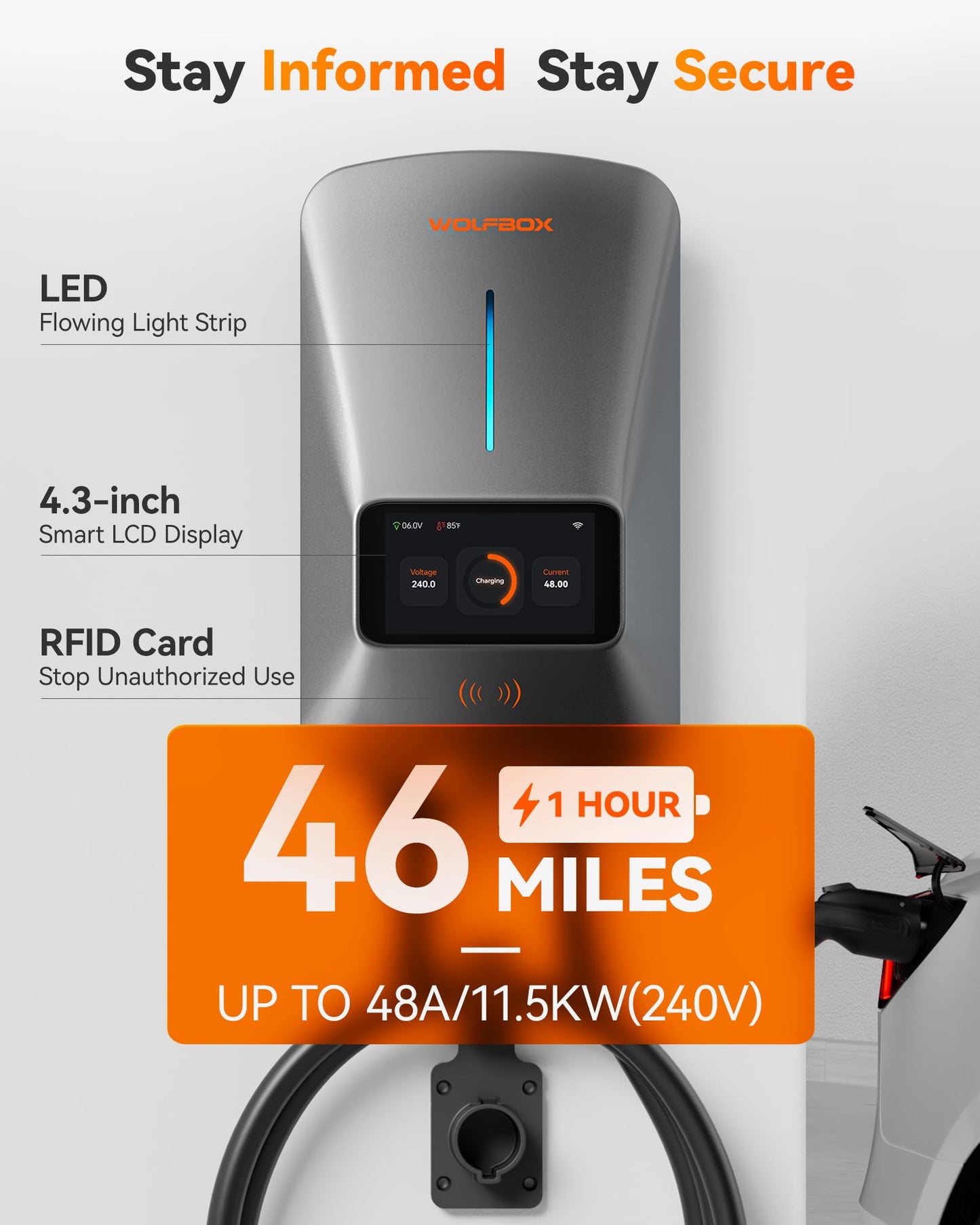 WOLFBOX Level 2 EV Charger 48 Amp - Smart Display, RFID Card, 25ft Cable, Outdoor/Indoor, Hardwired EV Charger Level 2, WiFi Enabled Electric Car Chargeing, 240V Electric Vehicle Charging Stations