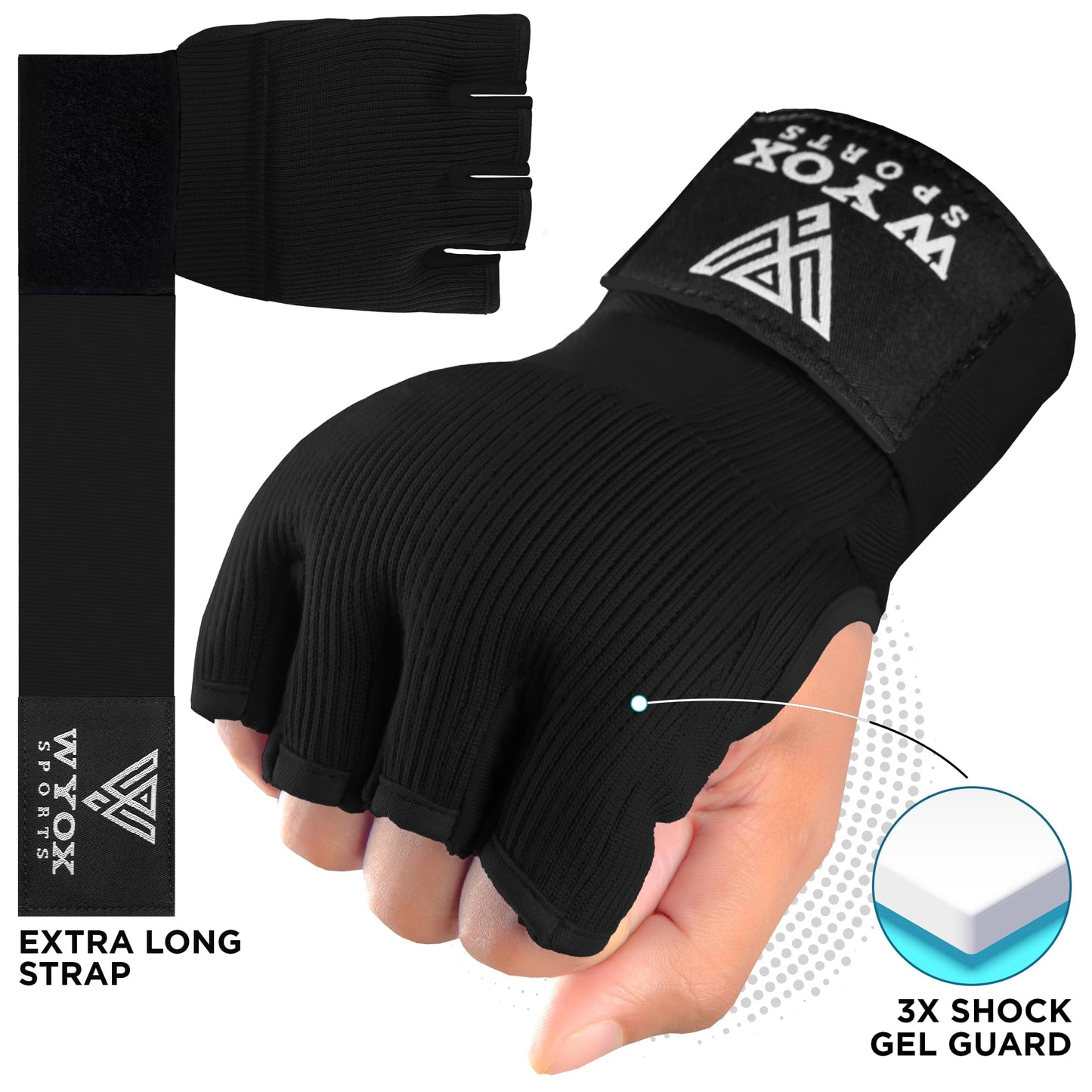 WYOX Gel Boxing Hand Wraps Inner Gloves for Men & Women – 80cm Quick Wrist Strap, Padded Knuckle Support, Fingerless MMA Muay Thai Kickboxing Wraps for Training, Punching & Martial Arts