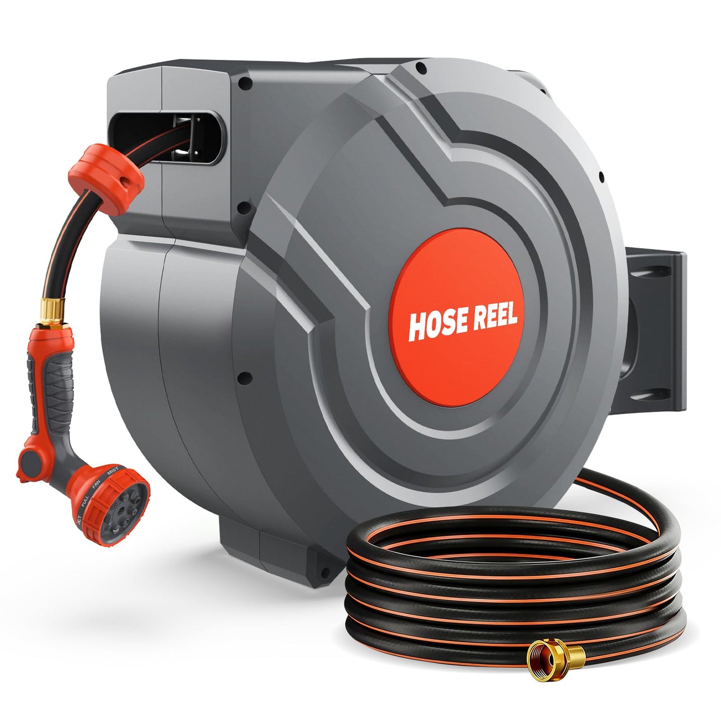 Retractable Garden Hose Reel,Wall Mounted 100 ft 5/8 Inch Automatic Return, Any-Length Lock, 9-Pattern Sprayer, 180° Swivel, Durable Water Hose Reel for Yard and Home