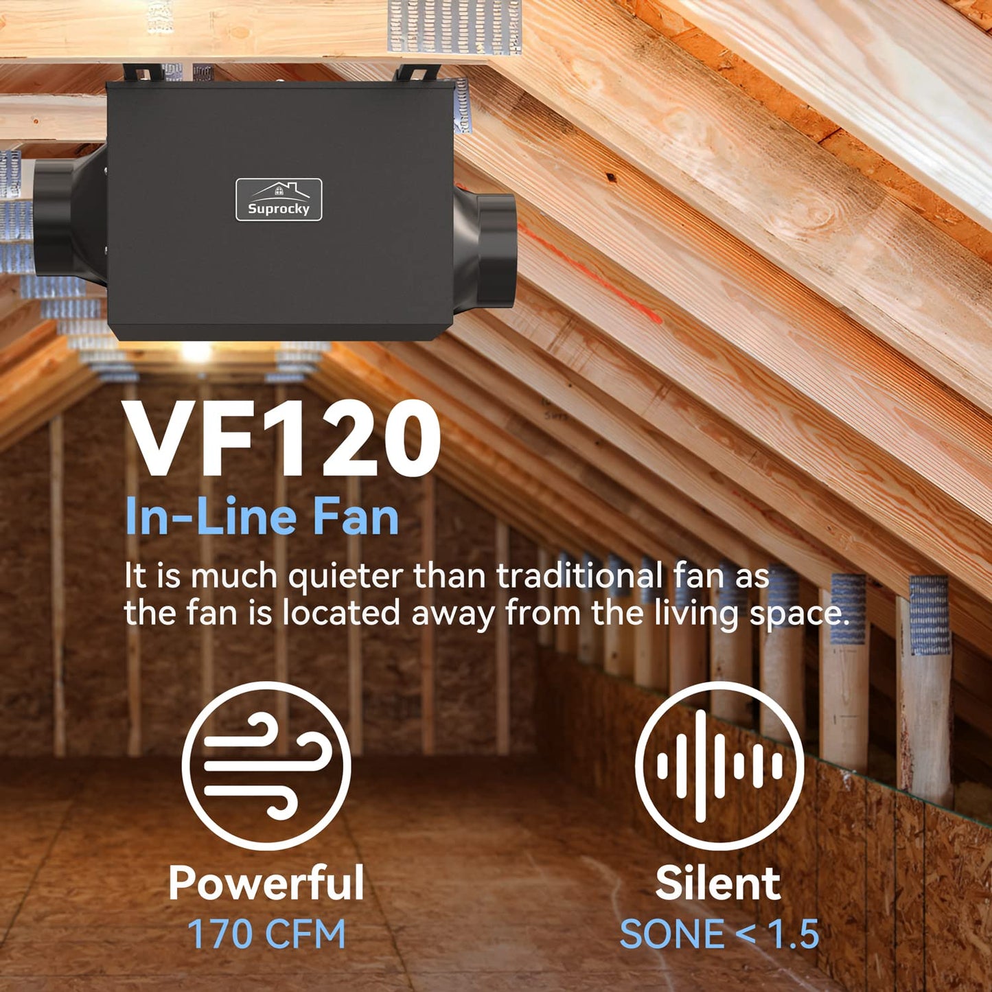 SUPROCKY 170CFM Ultra Quiet In Line Fan, Remote Mount Exhaust Ventilation Fan for Bathroom, Kitchen, Garage and Residential Applications, Black
