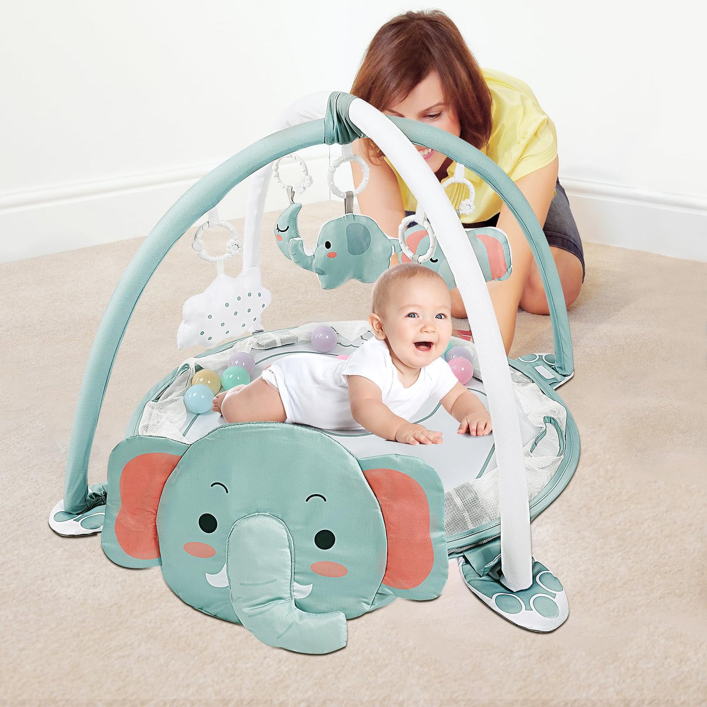 dearlomum 4-in-1 Baby Play Mat Baby Gym,Ball Pit Including 30 Balls for Newborn Toddler Boy & Girl Gifts(Elephant)