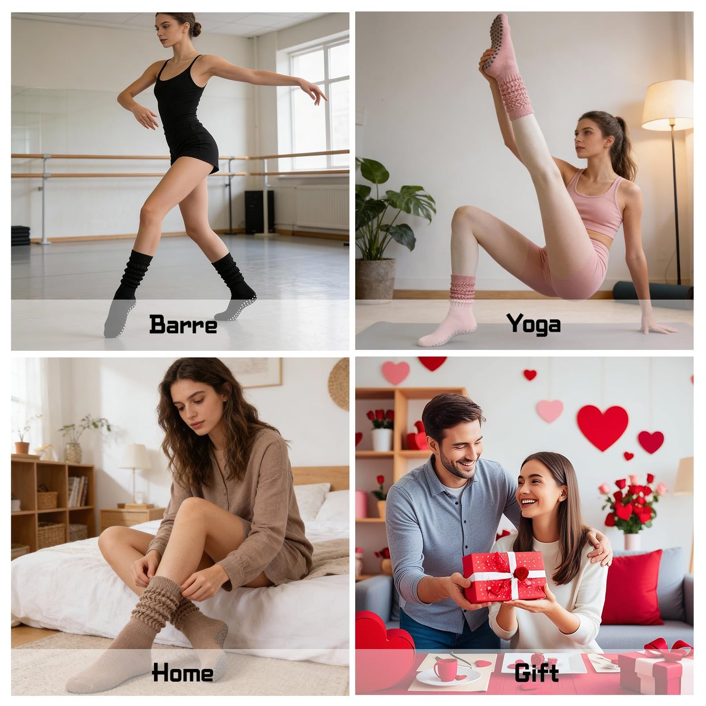 MKYSZLT 6 Pairs Grip Pilates Socks for Women Non Slip Grippy Slouch Scrunch Yoga Barre Socks with Grips Workout Hospital (1#(white,black,khaki,gray,pink,beige))