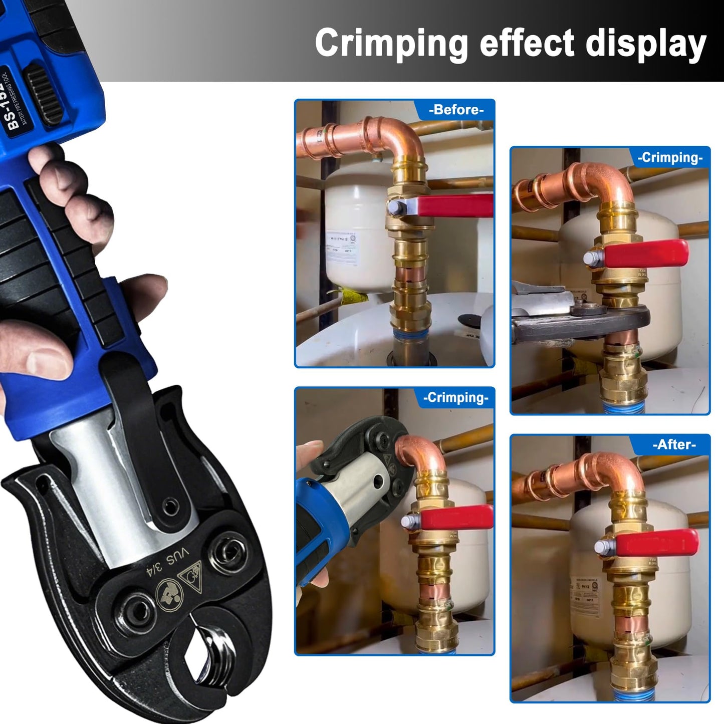 18V Press Tool for Copper Pipe 50kN Battery Powered Electric Hydraulic Pipe Crimping Tools with 1/2", 3/4", 1" Jaw Copper Tube Fittings Crimper Pliers with Brushless Motor