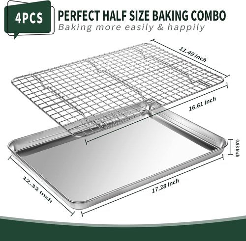 CEKEE Stainless Steel Half Sheet Pans Set - 2 Large Baking Sheets with Racks | Rust & Warp Resistant, 18-Inch