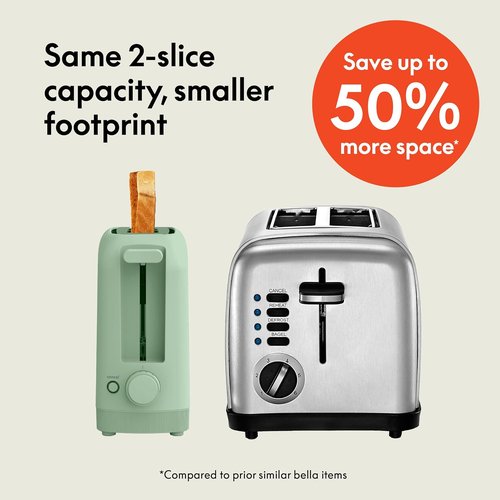Bella 2 Slice Slim Toaster - 6 Setting Shade Control & Reheat | Fits Sourdough, 10” Long Slot, Seaglass