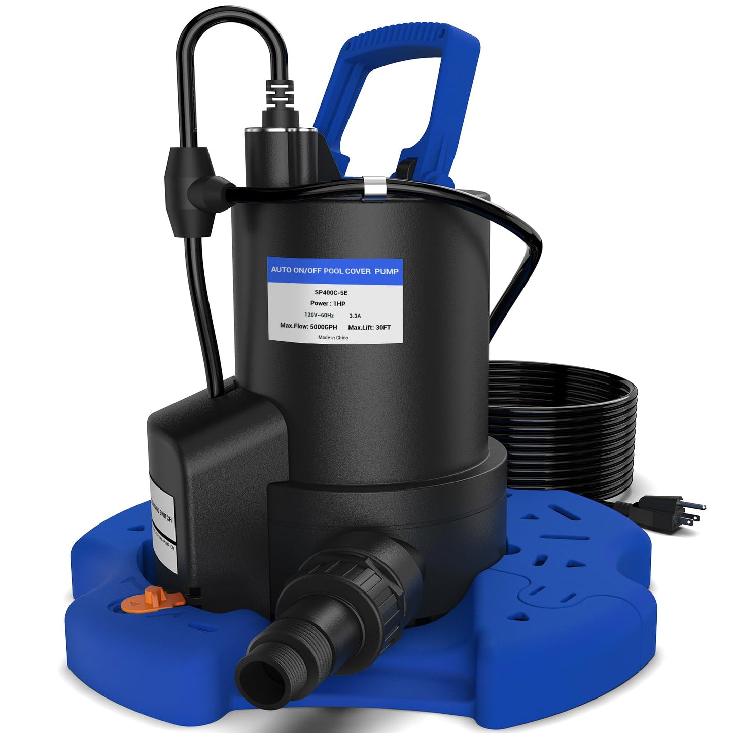 Automatic Pool Cover Pump - 1 HP 5000 GPH Submersible Water Pump with Check Valve and 3 Adapters, 29.5FT Cord for Pumps Above Ground Automatic On/Off System, Sump Pump for Basement Floods, Pond Pump