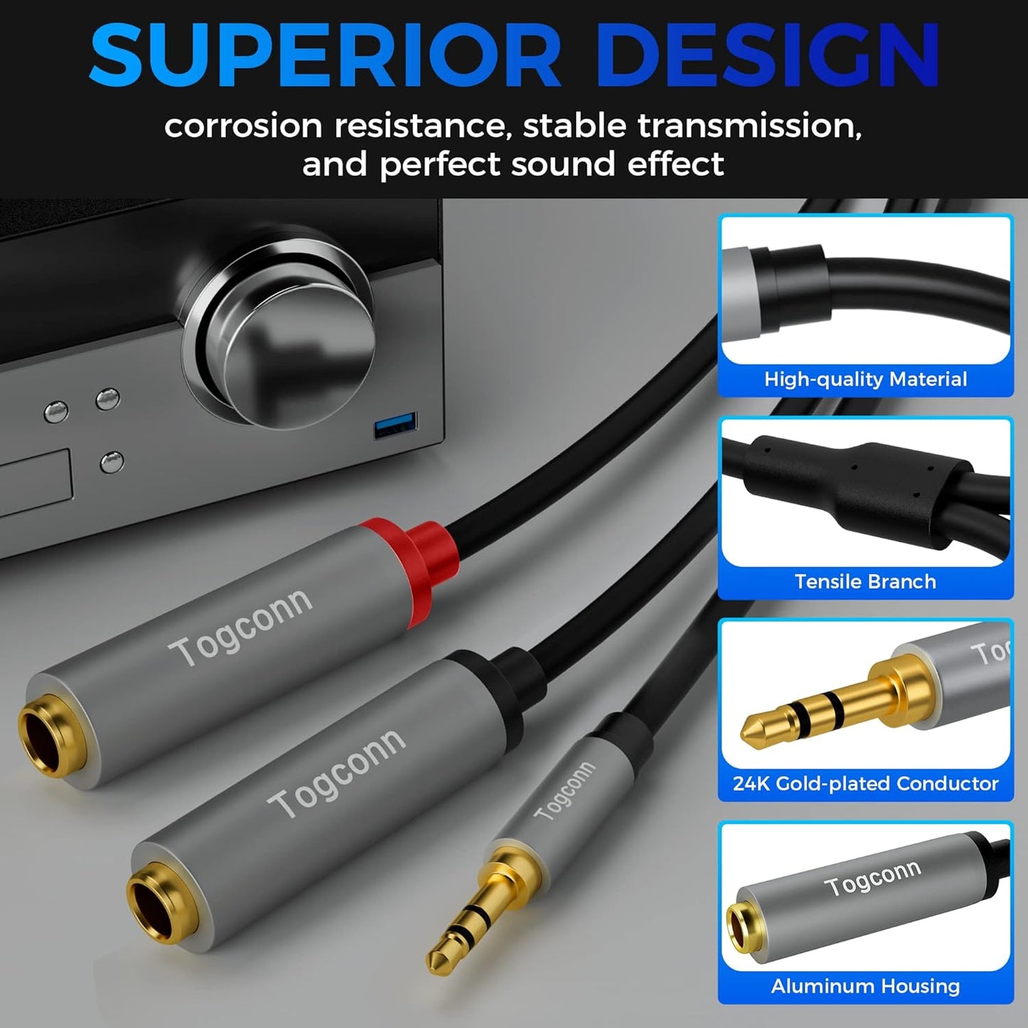 Togconn 1/8 Inch 1/4 Inch 0.6 Feet,3.5mm 2 6.35mm to Dual Audio Y-Splitter Cable TRS Stereo Male to X TS Mono Female Y