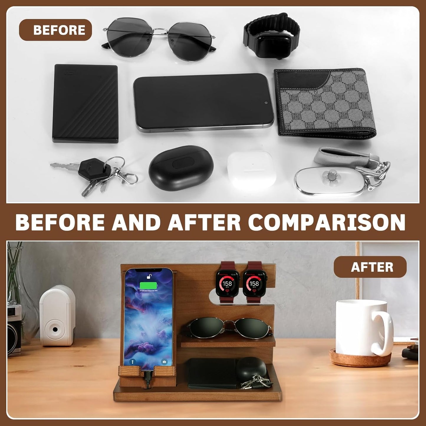 AliveByte Fathers Day for Dad, Dad Birthday Gifts, Wood Phone Docking Station, Nightstand Organizer, Gifts for Dad