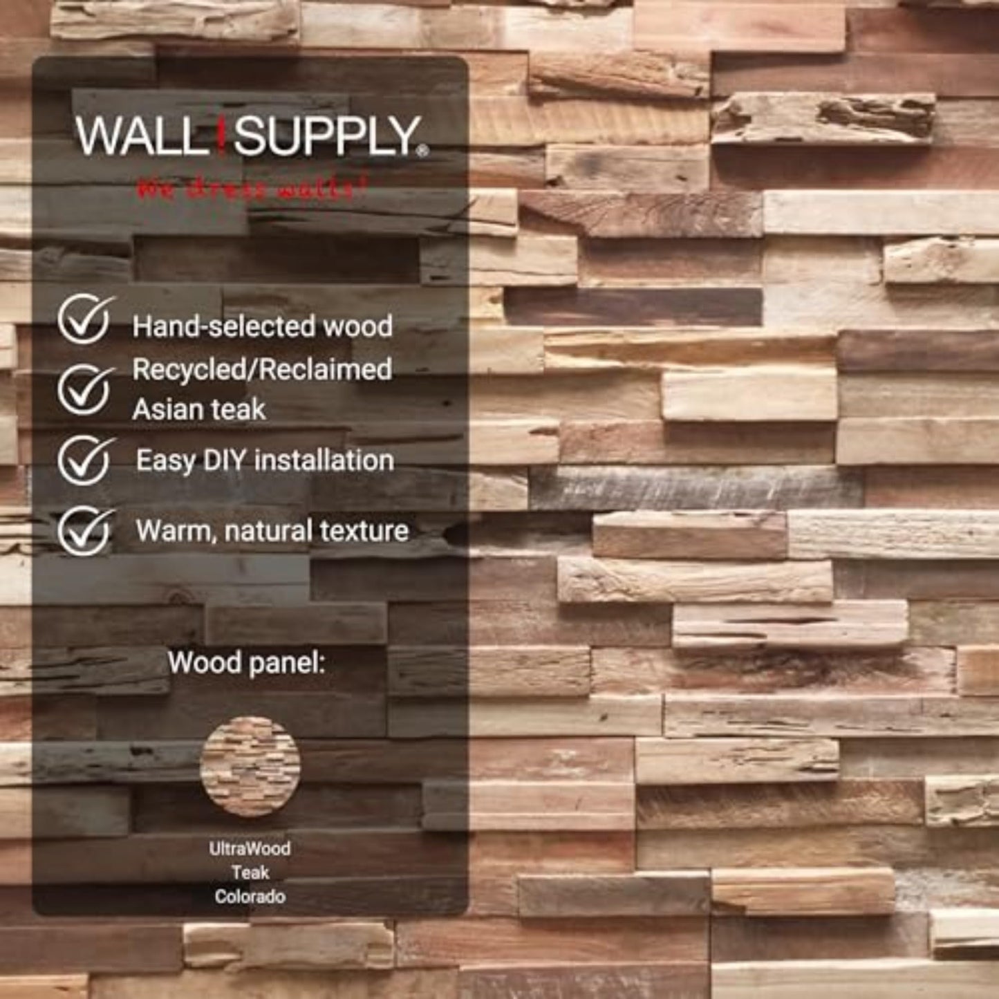 Wall!Supply 3D Wall Panels – Reclaimed Rustic Asian Teak Wood – Home Decor Wallpaper Alternative for Living Room, Bedroom & Office – Easy DIY Installation – 10 Pack, Covers 9.6 Sq Ft