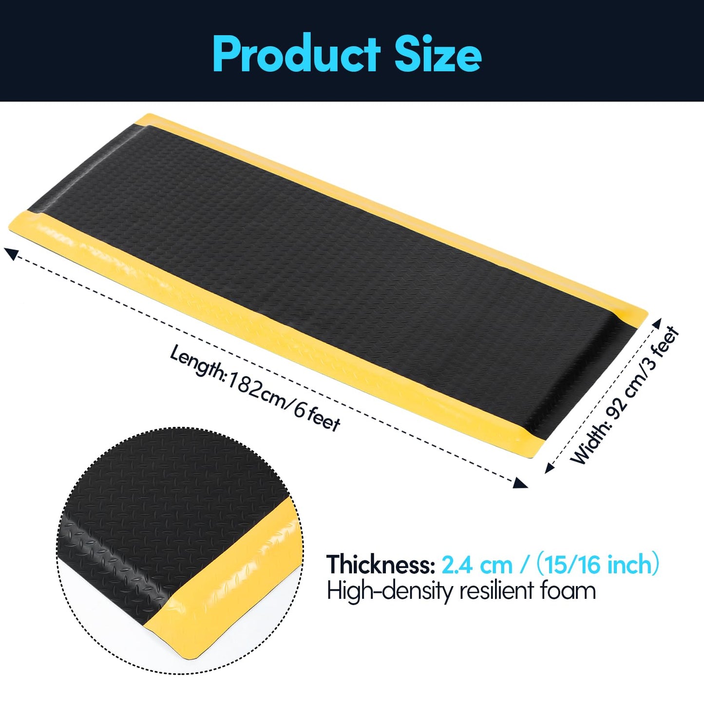GOOFCXO 3 x 6 FT Anti Fatigue Mats Industrial 15/16 Inch Thick Soft Sponge Ergonomic Mat Durable Heavy Duty Diamond Plate for Standing Non Slip Industrial Grade Floor Mat for Leg & Back Pain