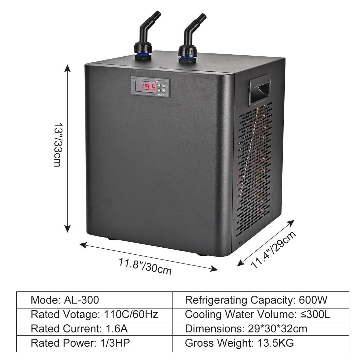 Aquarium Chiller 79 Gal, 1/3 HP Fish Tank Water Chiller 300L Hydroponics Cooler with Quiet Design Refrigeration Compressor and 3M Pipe for Saltwater Freshwater Fish Coral Shrimp Jellyfish Water Weeds
