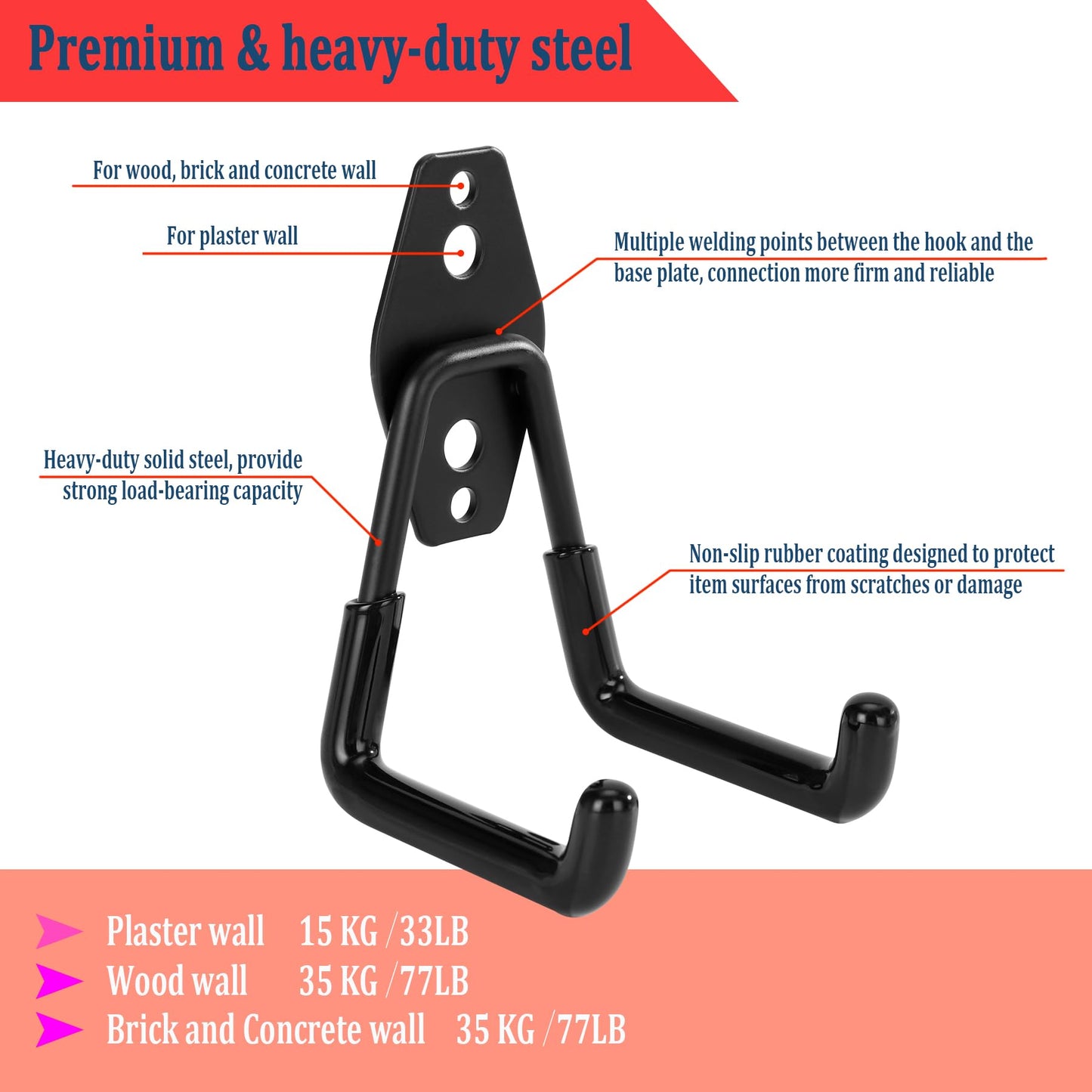 KAROSOM 4 Pack Garage Hooks, Garage Tool Organizer Wall Mount, Heavy Duty for Utility Organizer, Steel Utility Garage Hooks for Ladders, Garden Tools, Bike