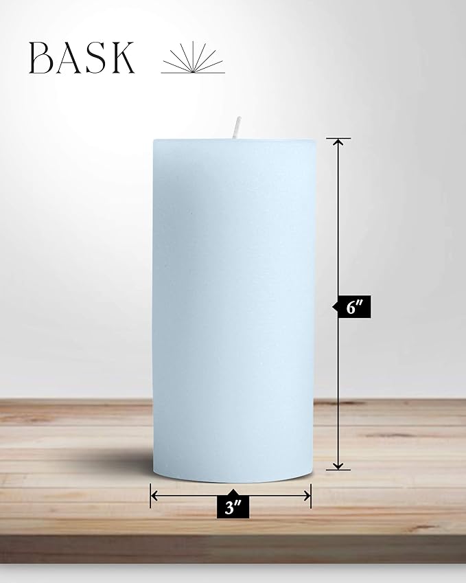 Mottled Pillar Candles by Bask - Set of 6-3" x 6" Dripless Unscented Candles in Light Blue for Home Decor, Relaxation & All Occasions