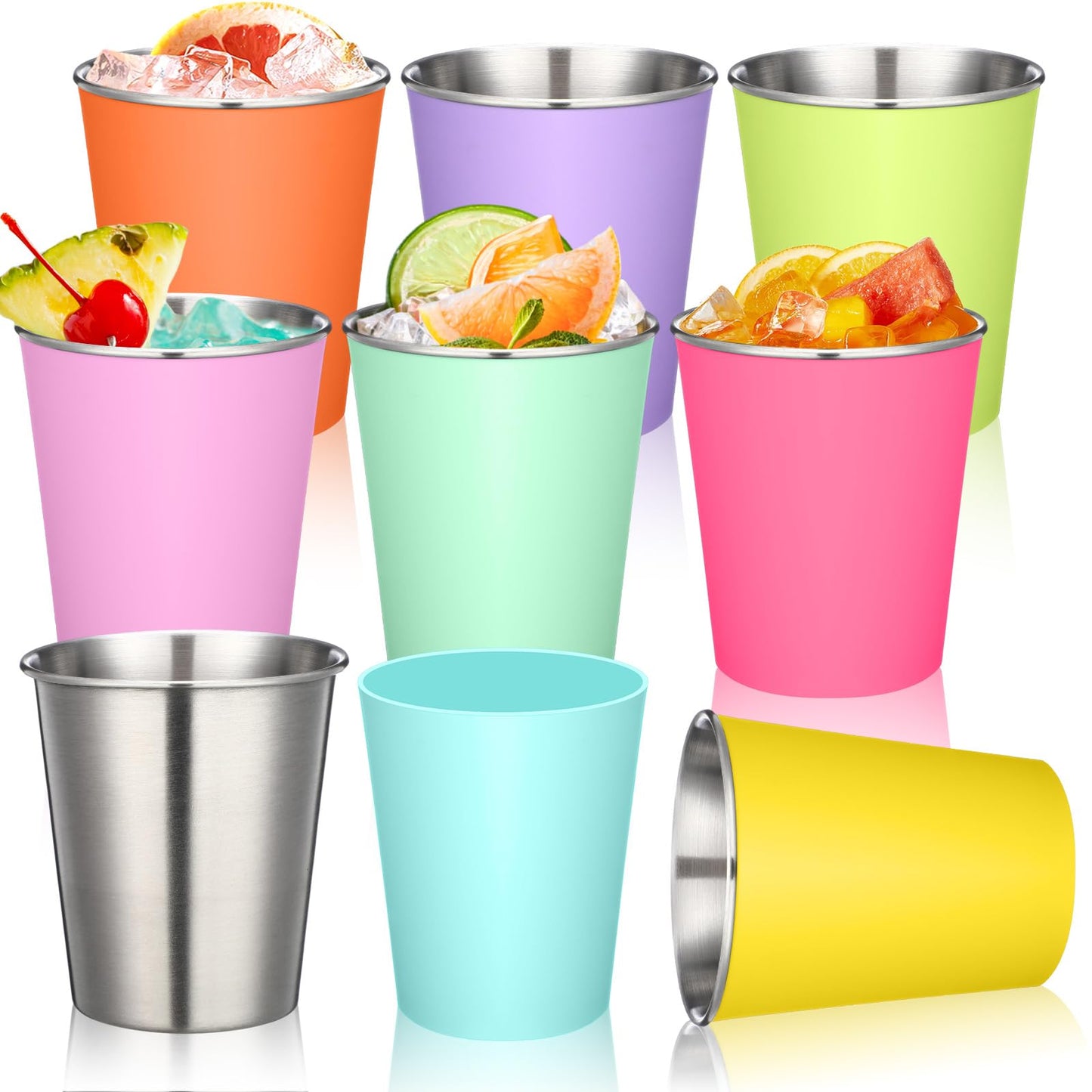 Singhoow 8 Pack Stainless Steel Cups for Kids 10 oz Colorful Toddler Tumbler with Silicone Sleeves Unbreakable Stackable Rainbow Metal Cup Drinking Glass for Summer Party Spring Camping Beach Outdoor
