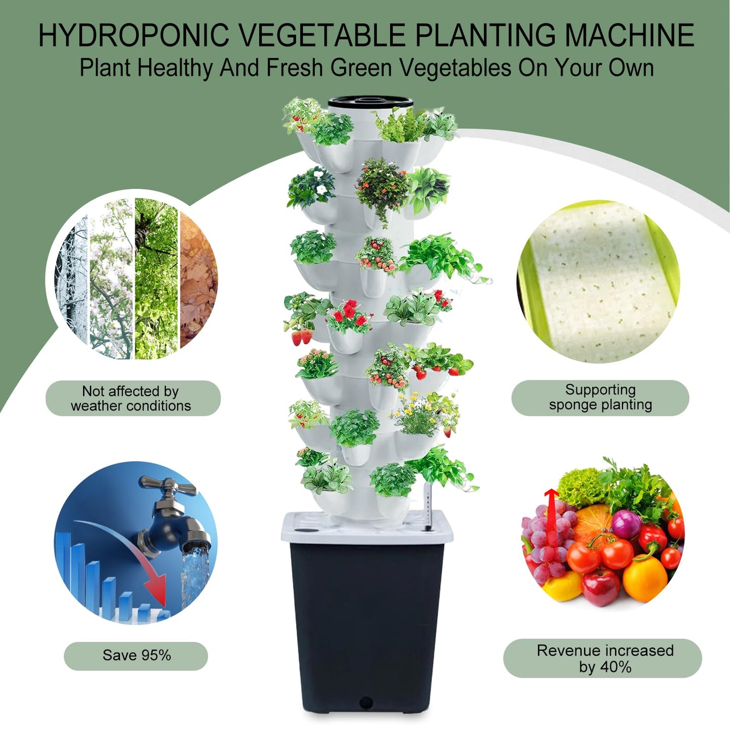 JPWDDWYT Hydroponics Tower Indoor Growing System Vertical Garden Planter Indoor Smart Garden Kit with Pump and Movable Water Tank Vegetable Plant Gift for Gardening Lover (35-Plants)