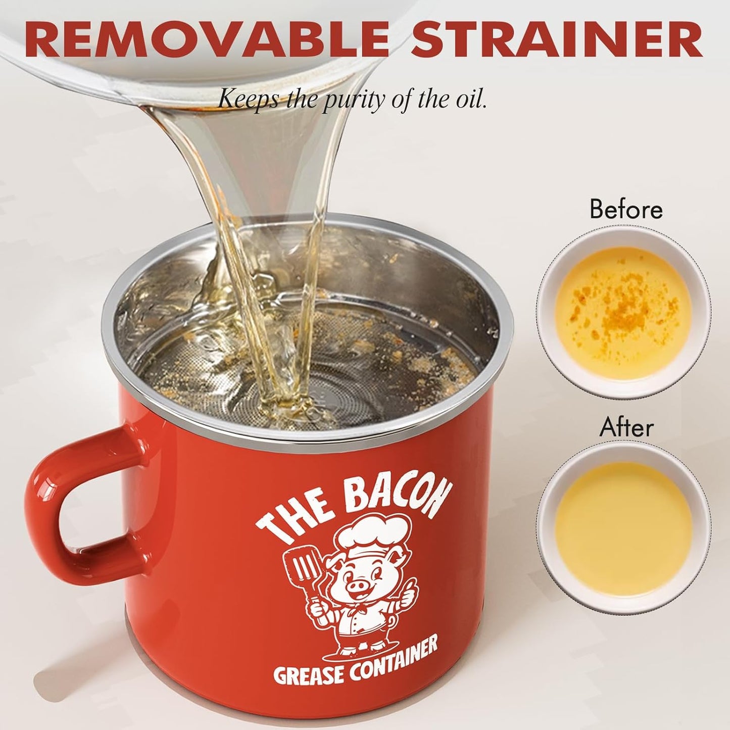PGYARD Mini Bacon Grease Saver - 15oz Enamel Container with Strainer | Farmhouse Kitchen Fat Keeper, Dishwasher Safe - Red