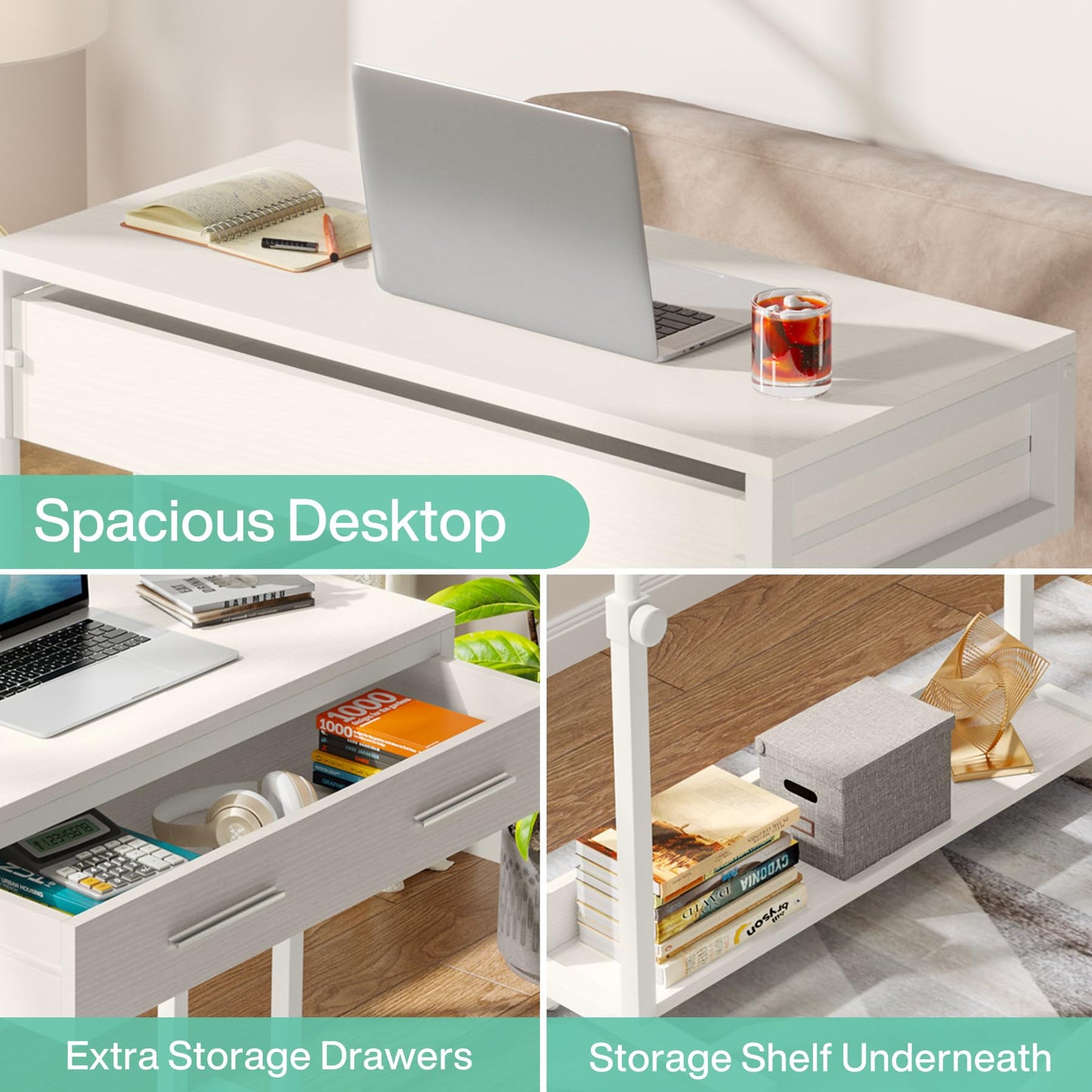 Tribesigns Portable Desk with Drawers, Mobile Laptop Desk with Wheels, Sofa Side Table Bed Desks, Small Standing Desk for Home Office (White)