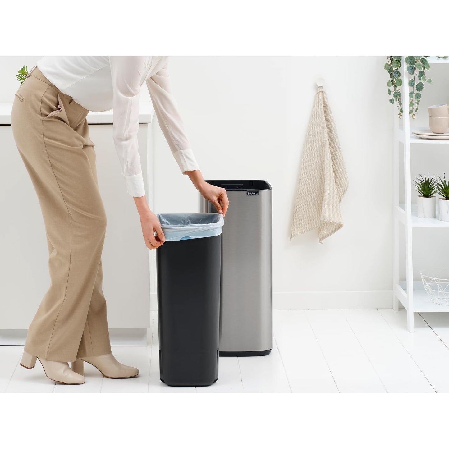 Brabantia Bo Touch Top 8 Gallon Square Trash Can | Matt Steel Fingerprint Proof | Soft-Touch Kitchen Trash Can, Removable Inner Bucket, Non-Slip Base | Sample Trash Bags Included