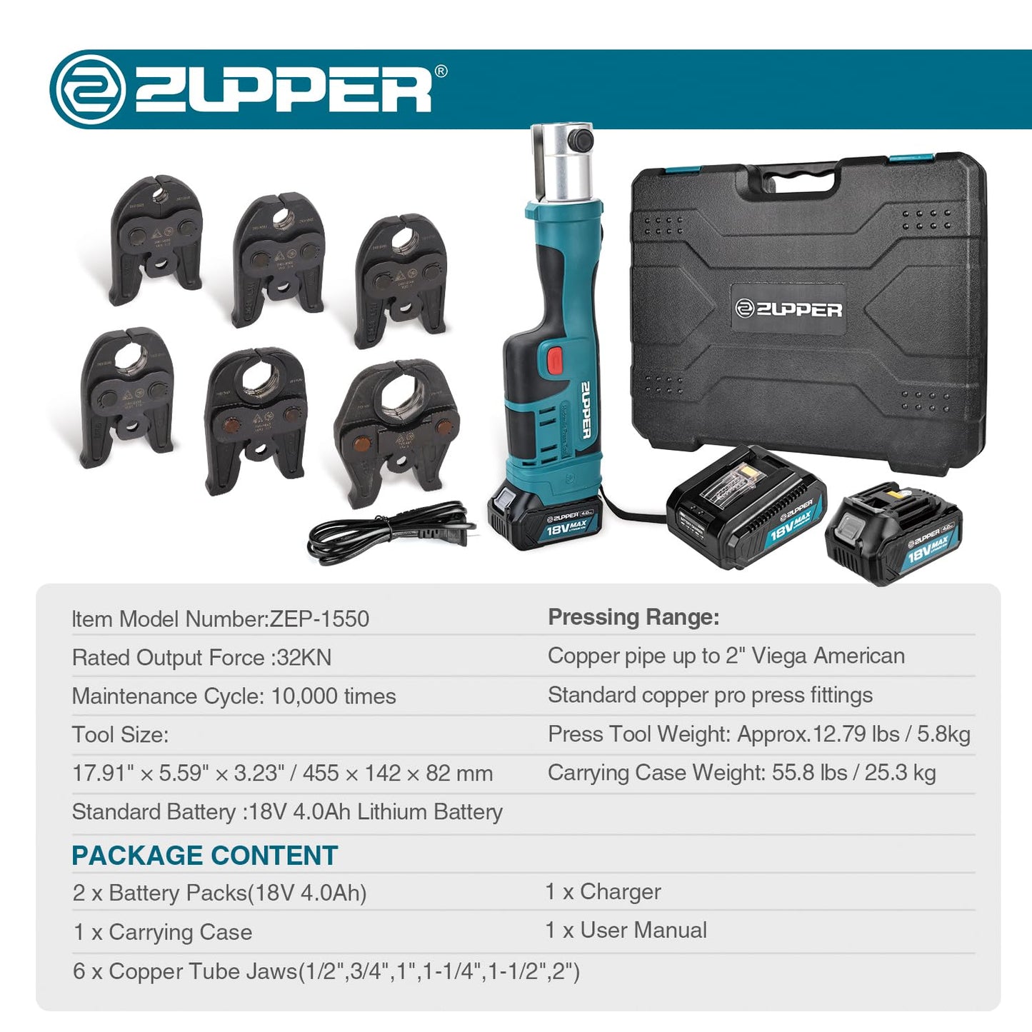 ZUPPER Press Tool, 18V Electric Pipe Crimping Tool for 1/2" to 2" Copper Pipes, Standard Press Tool Kit Suitable for Copper ProPress fittings - with 6 VUS Press Jaws, 2pcs 4AH Battery