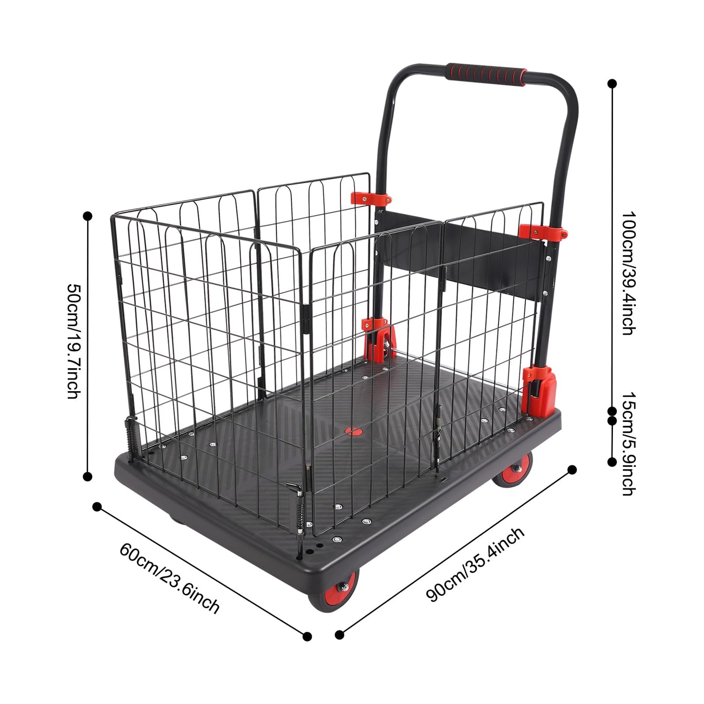660LBS Capacity Platform Truck Cart with Cage, Foldable Heavy Duty Hand Truck with Wheels Multipurpose Portable Flatbed Cart Removable Cage Cart for Yard, Office and Store
