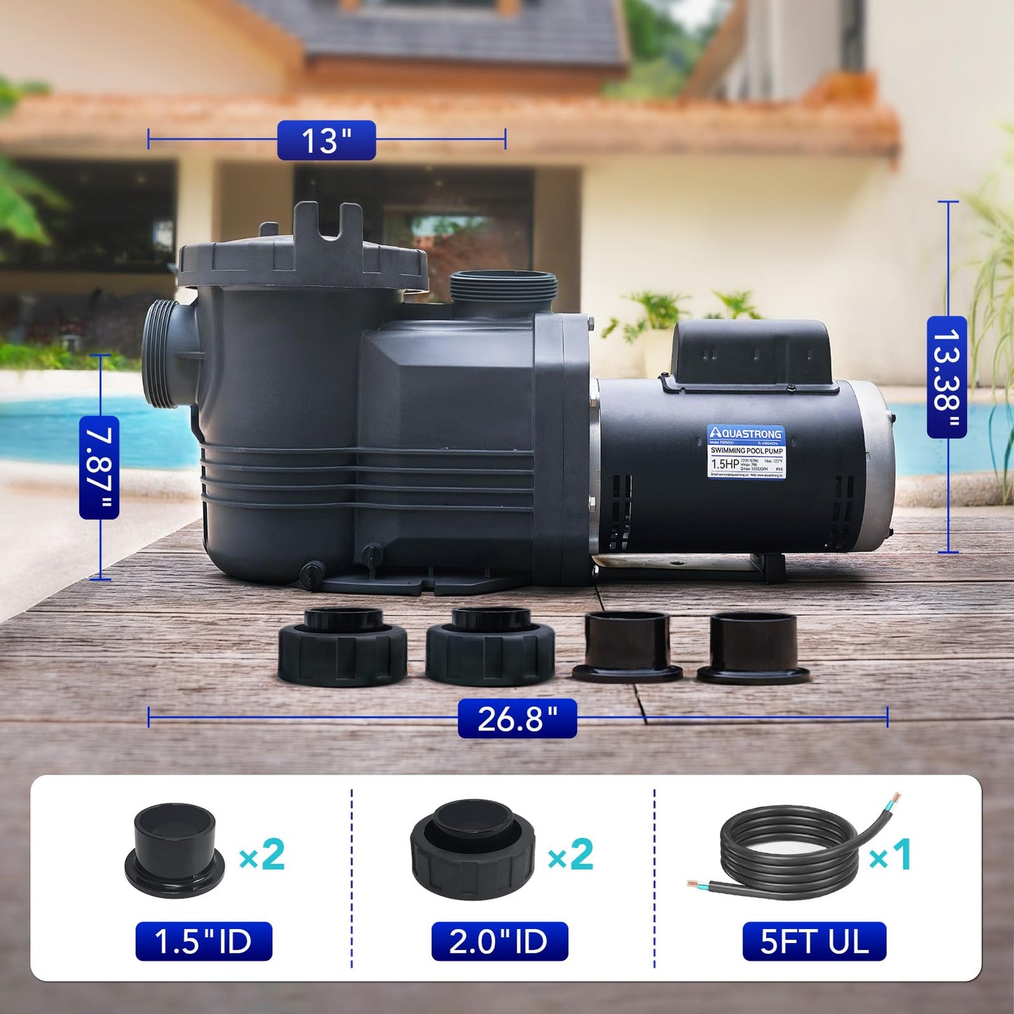 AQUASTRONG In/Above Ground Pool Pump Pure Copper Motor Energy Efficient High Flow Powerful Self Primming Swimming Pool Pumps with Filter Basket, Dark Grey