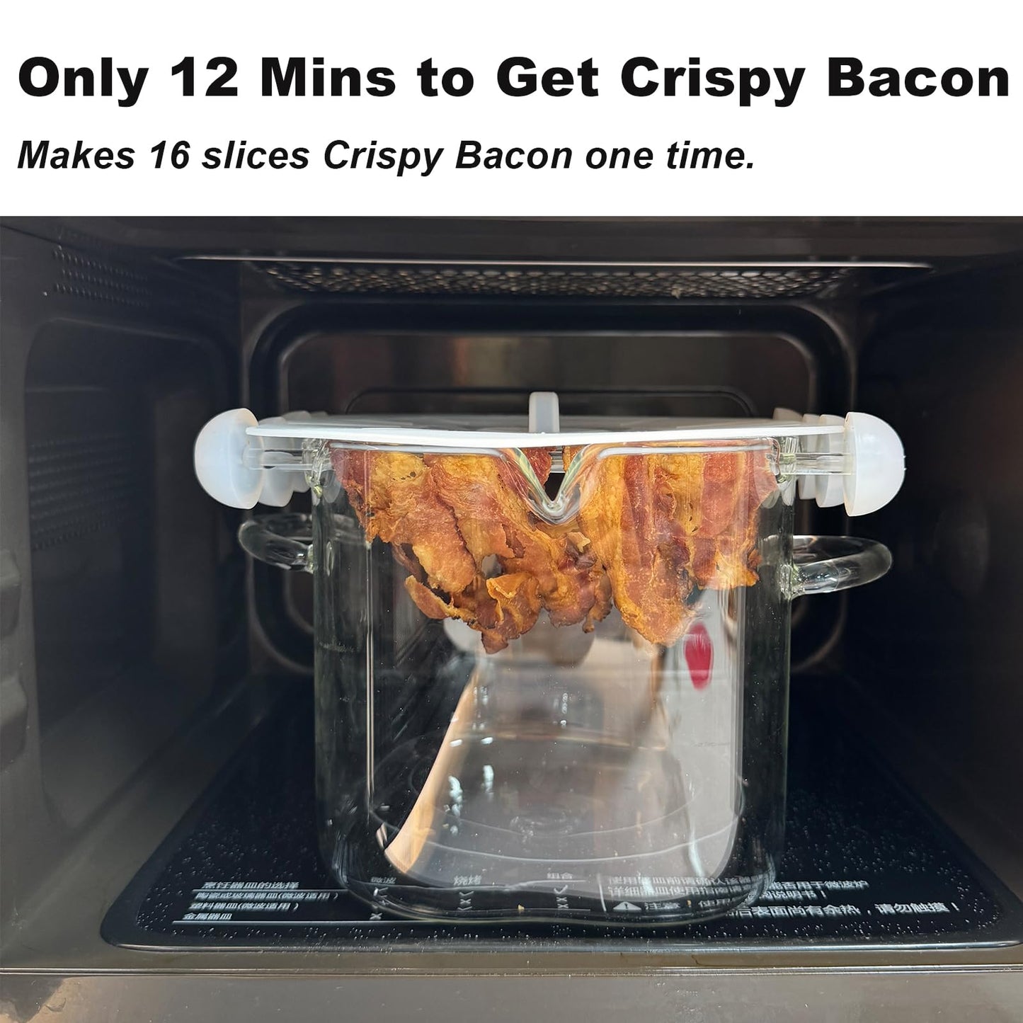 Glass Microwave Bacon Cooker, Microwave Popcorn Popper, 100oz Glass jar with Silicone Lid, Ramen Noodle Bowl and Vegetable Steamer, with Removable Glass skewer, Make 16pcs bacon one time
