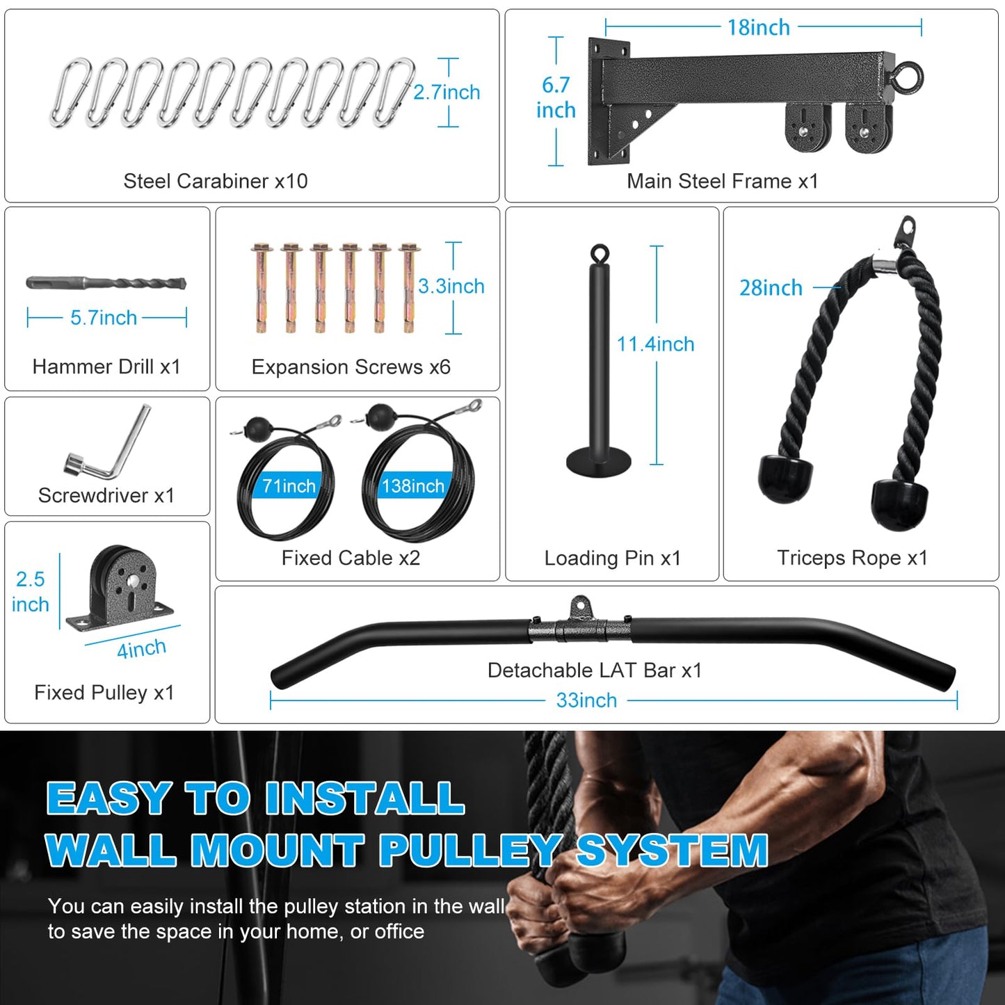 Wall Mounted Pulley System, Low Cable Machine Pulley System for LAT Pulldown, Biceps Curl Home Gym Equipment with Fitness Pull Down Bar, Tricep Rope