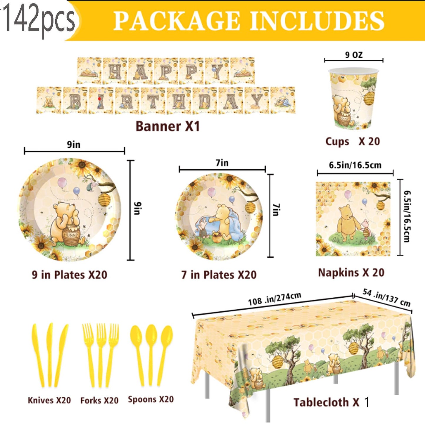 WISSLERMER 142pcs Classic Bear Baby Shower Decorations Baby Shower Party Tableware with Plates, Napkin, Forks, Cups Banner And Tablecloth for Birthday Party Supplies Set Serves 20 Guests (Yellow)