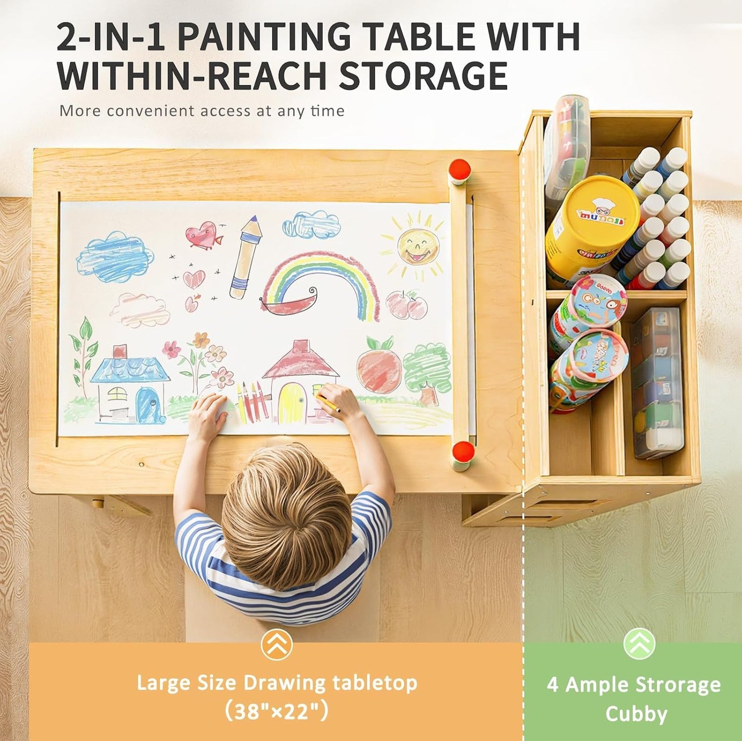 WINGYZ Kids Art Table and Chairs - Toddler Activity Table and 2 Chair Set with Storage Cabinet, 5 in 1 Kids Desk Craft Table with Paper Roll for Drawing Playrooms Daycare Classroom Gifts