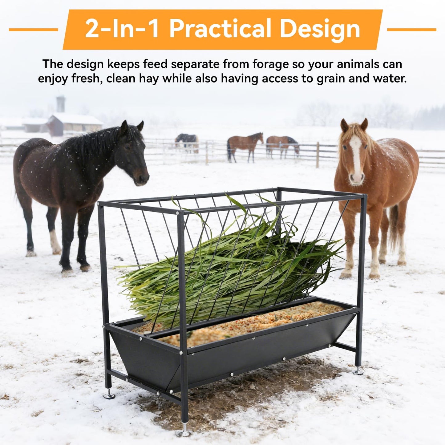 FULUPET 70 Gallon Pasture Hay Feeder, Heavy-Duty 2-in-1 Livestock Feeder with Grain Trough, Galvanized Steel Hay Rack for Goats, Sheep, Calves & Miniature Horses, Weather Resistant Farm Manger