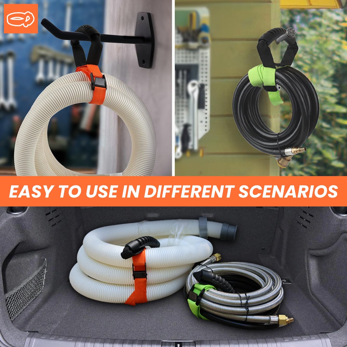 HUDLL Heavy Duty Storage Straps with Handle(2 Pack) for Cables, Ropes and Hoses, Extension Cord Organizer with Handle and Easy Adjustable Steel Black Lock Slider Buckles for Pool Hoses, Garden Hoses.