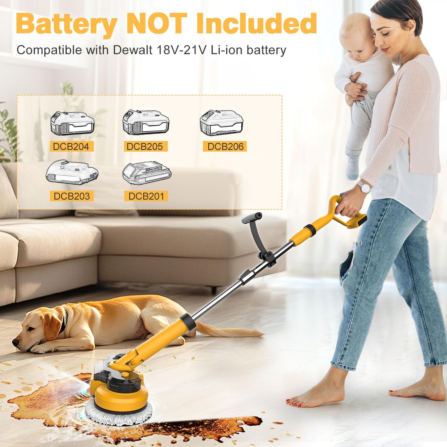 Cordless Electric Mop for Dewalt 20V Battery (NO Battery), 2 in 1 Spin Mop & Floor Scrubber Machine with LED Light & Water Spray, 800 RPM Electric Mops for Floor Cleaning, Hardwood,Tile (White)