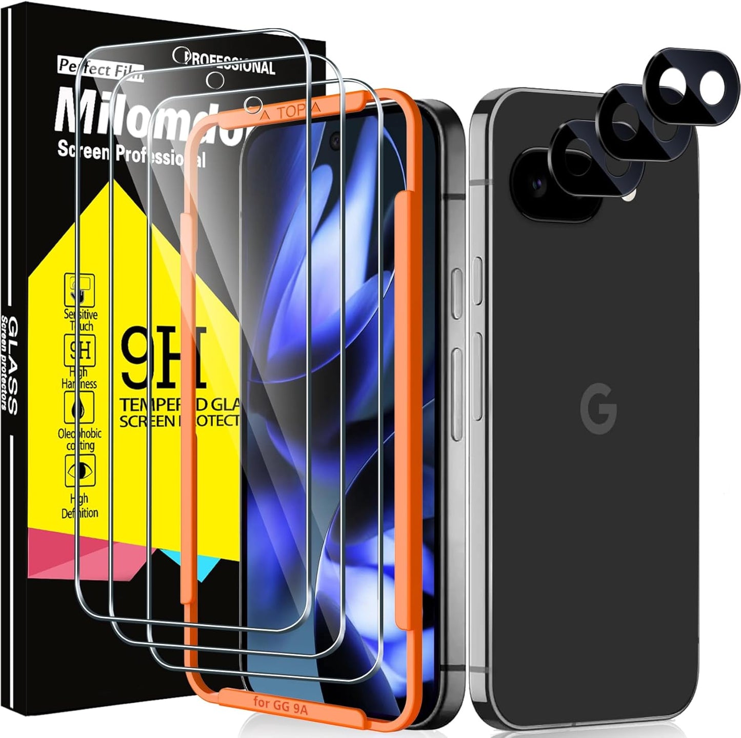 3 Pack 9A 3 Pack 9H Milomdoi Tempered Glass for Google Pixel Screen Protector with Camera Lens Protector, Ultra