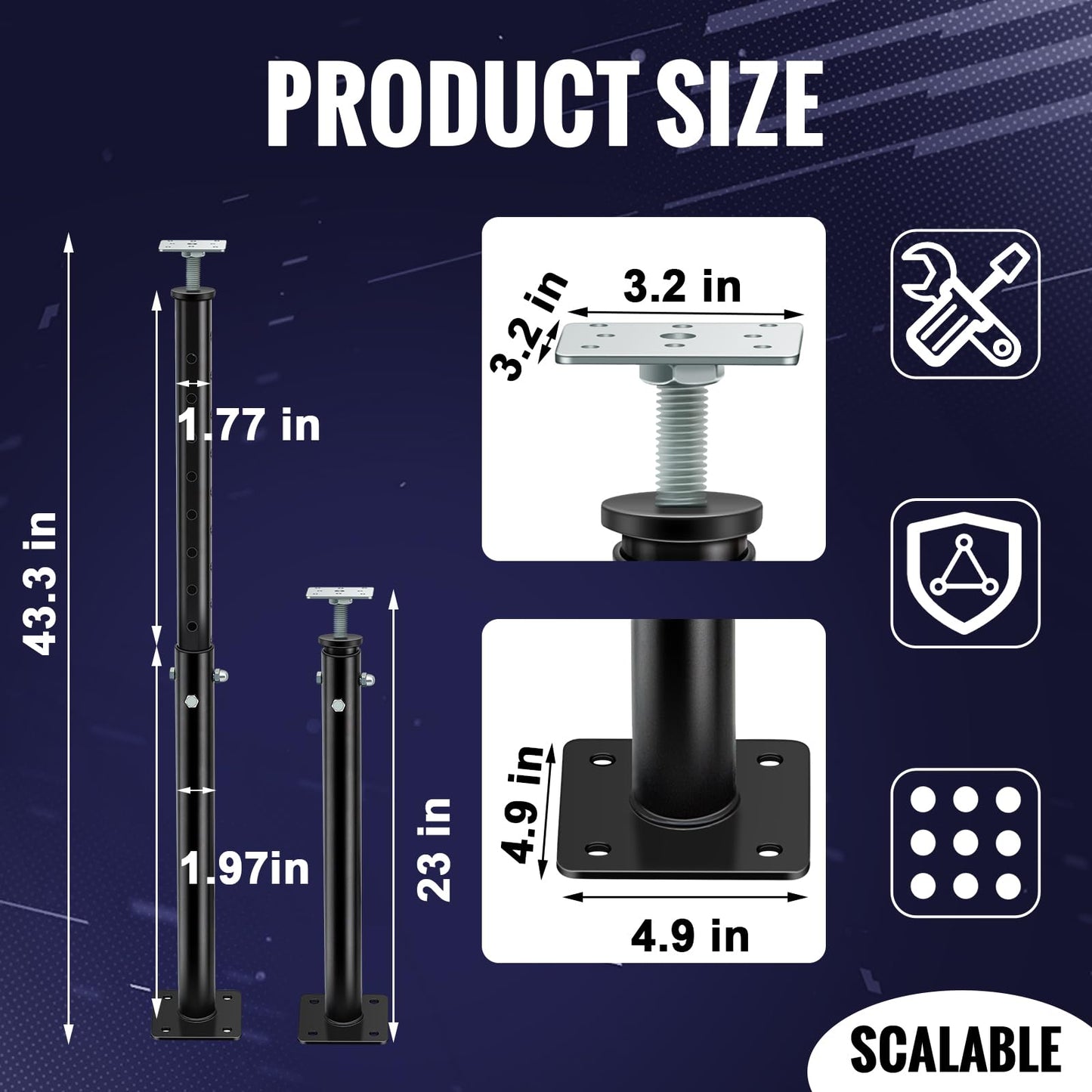 Yaocom 1 Pack Winter Adjustable Floor Jack Post Basement House Floor Jack Steel Support Jacks Post Pole for Porch Roof Deck Heavy Load Areas, 23.23"-43.31" Adjustable Height, Black