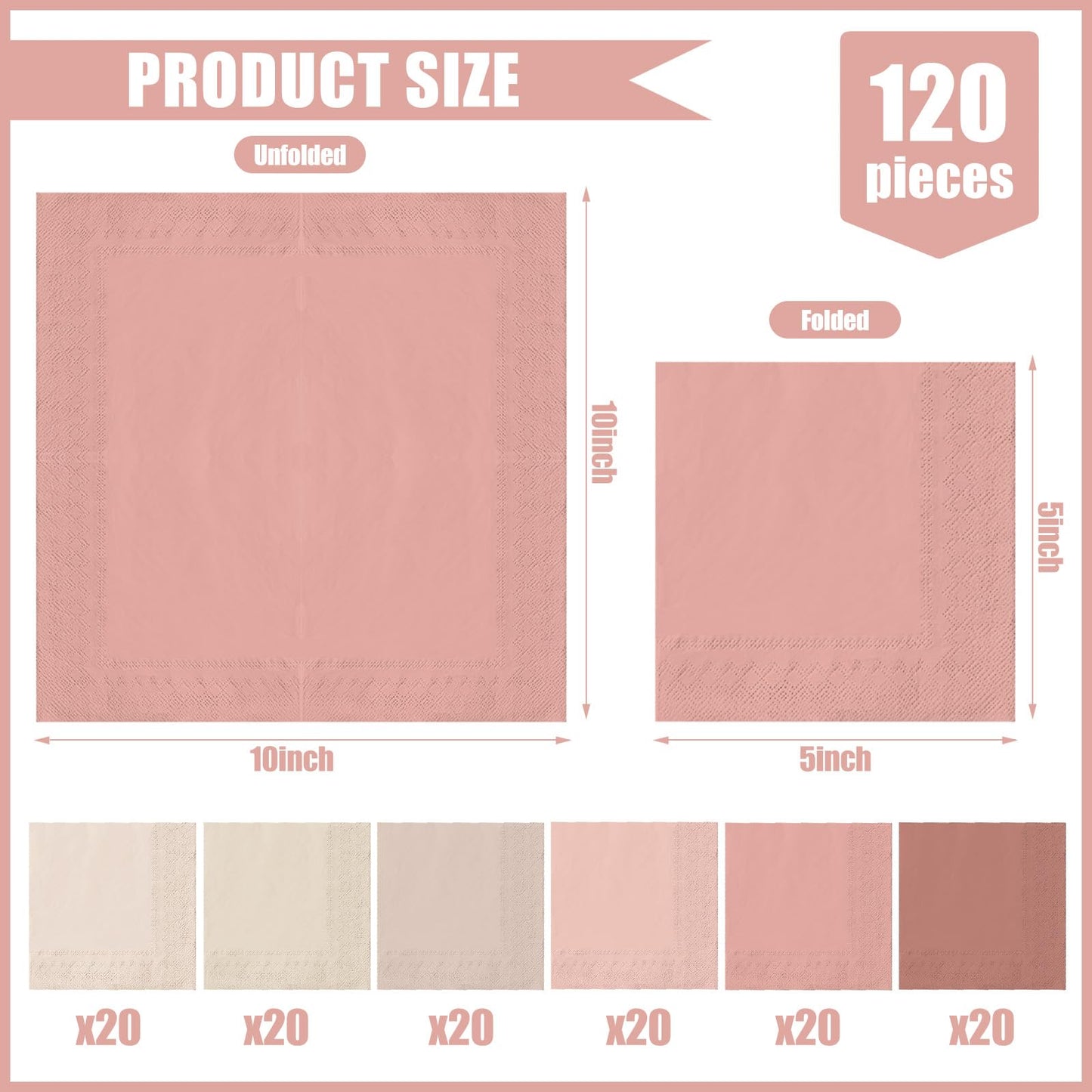Whaline 120Pcs Dusty Pink Cocktail Napkin 6 Gradient Color Paper Napkins Pink Nude Milky White Disposable Dinner Napkins for Mother's Day Wedding Baby Shower Supplies