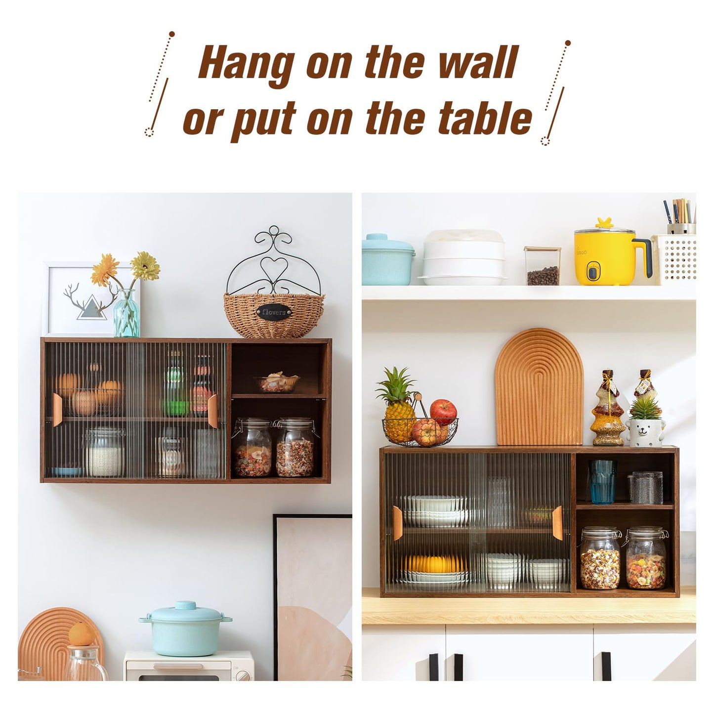 HollyHOME Bamboo Wall Mounted Kitchen Sideboard with 2 Glass Doors and Adjustable Shelves, Freestanding Wall Storage Cabinet with Side Shelf for Bottle, Dish, Bowl, Console Dining Cupboard, Walnut