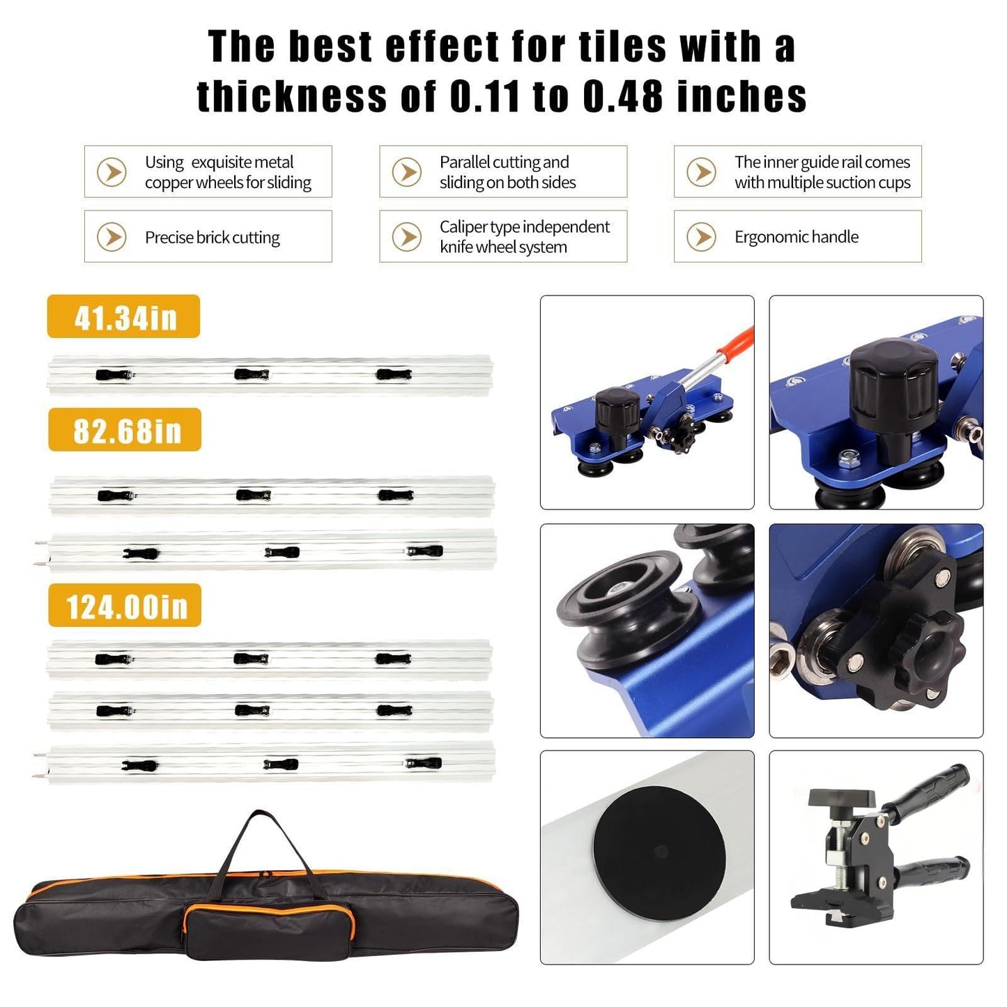 110" Large Format Manual Tile Cutter, Professional Porcelain & Ceramic Tile Cutting Tool with Suction Cups & Tile Pliers, 3-Head Scoring Wheel System, Cuts Stone & Porcelain Tiles up to 4.7" Thick