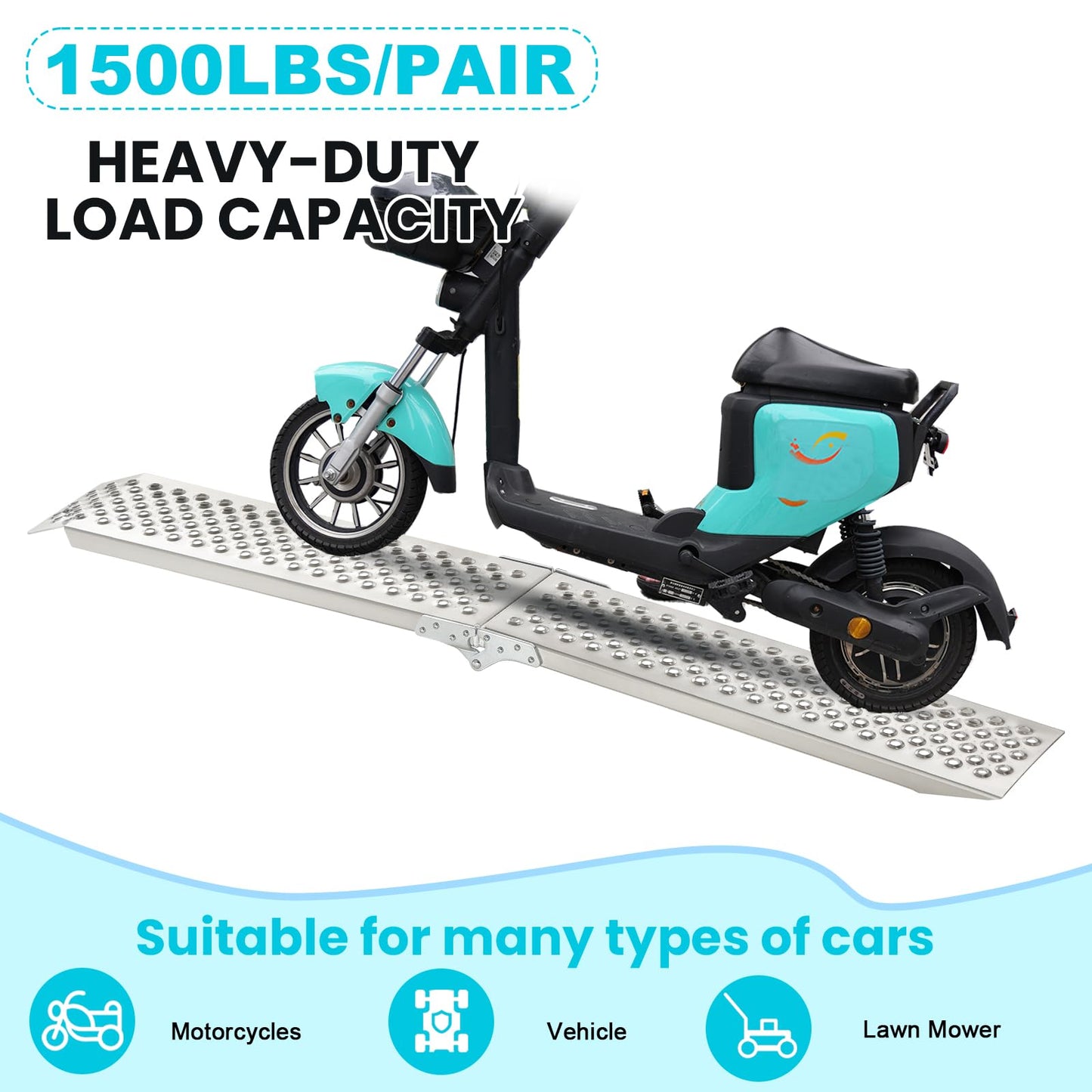 Foldable Aluminum Motorcycle Loading Ramp, 63" L x 8.5" W inches, 1500lbs Load Capacity, Lightweight, Non-Slip, Waterproof, Rust-Proof, Suitable for Trucks, Lawn Mowers, SUVs, Trailers, Set of 2
