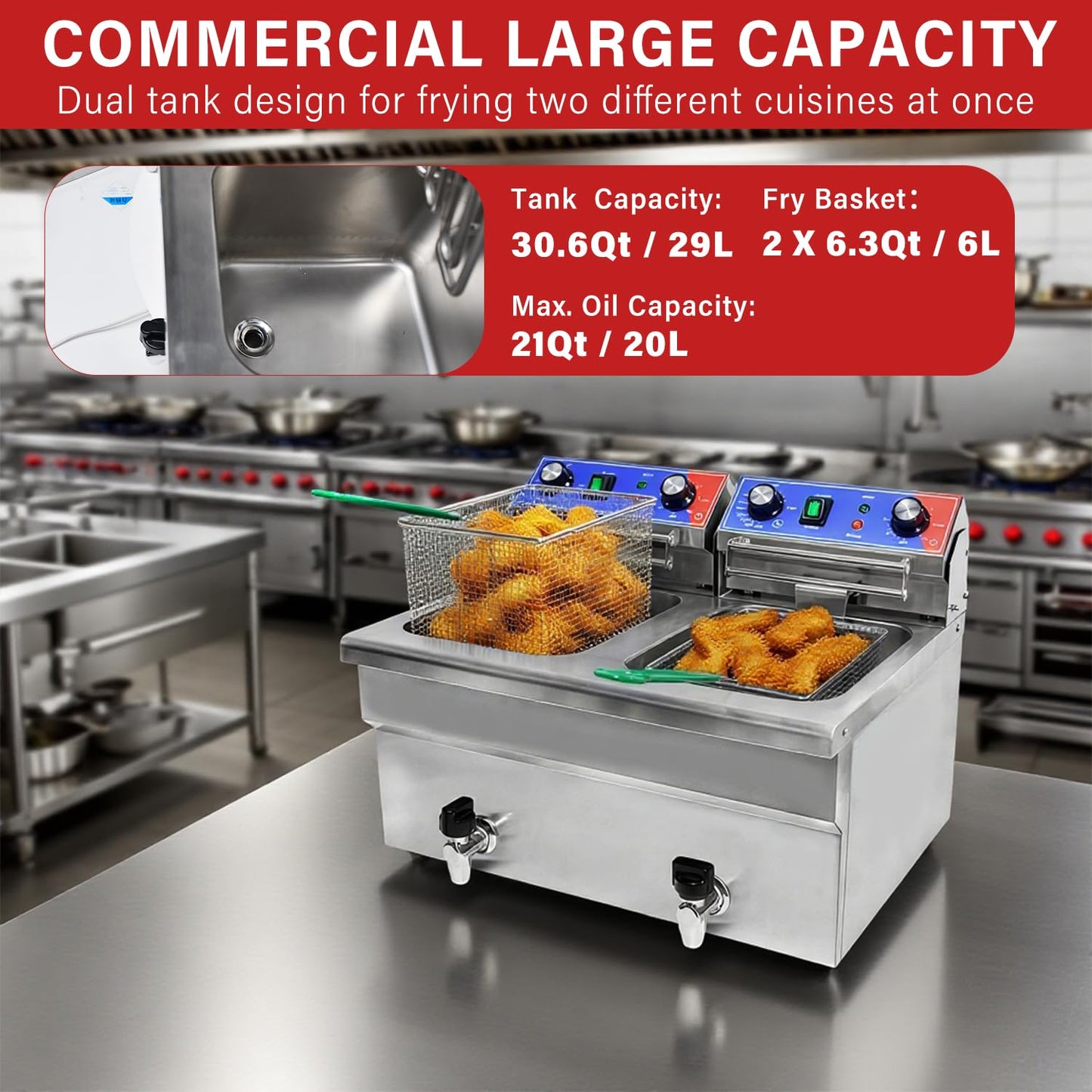 BNDHKR Commercial Deep Fryer, 2 x 15.3Qt Dual Tank Electric Countertop Deep Fryers with Drain, 3800W Large Capacity Stainless Steel Oil Fryer with Baskets and Time&Temp Control for Restaurant Use