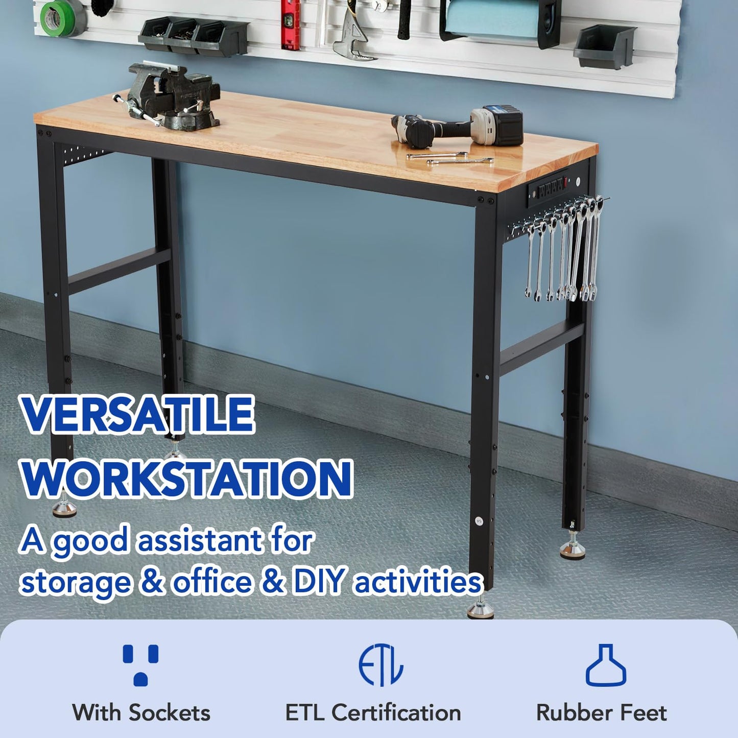 48"x20"Adjustable Workbench, 2000 Lbs Capacity, Heavy-Duty Garage Worktable with Built-in Power Outlet for Home, Office & Workshop, Adjustable Height 29.5"-38.4"