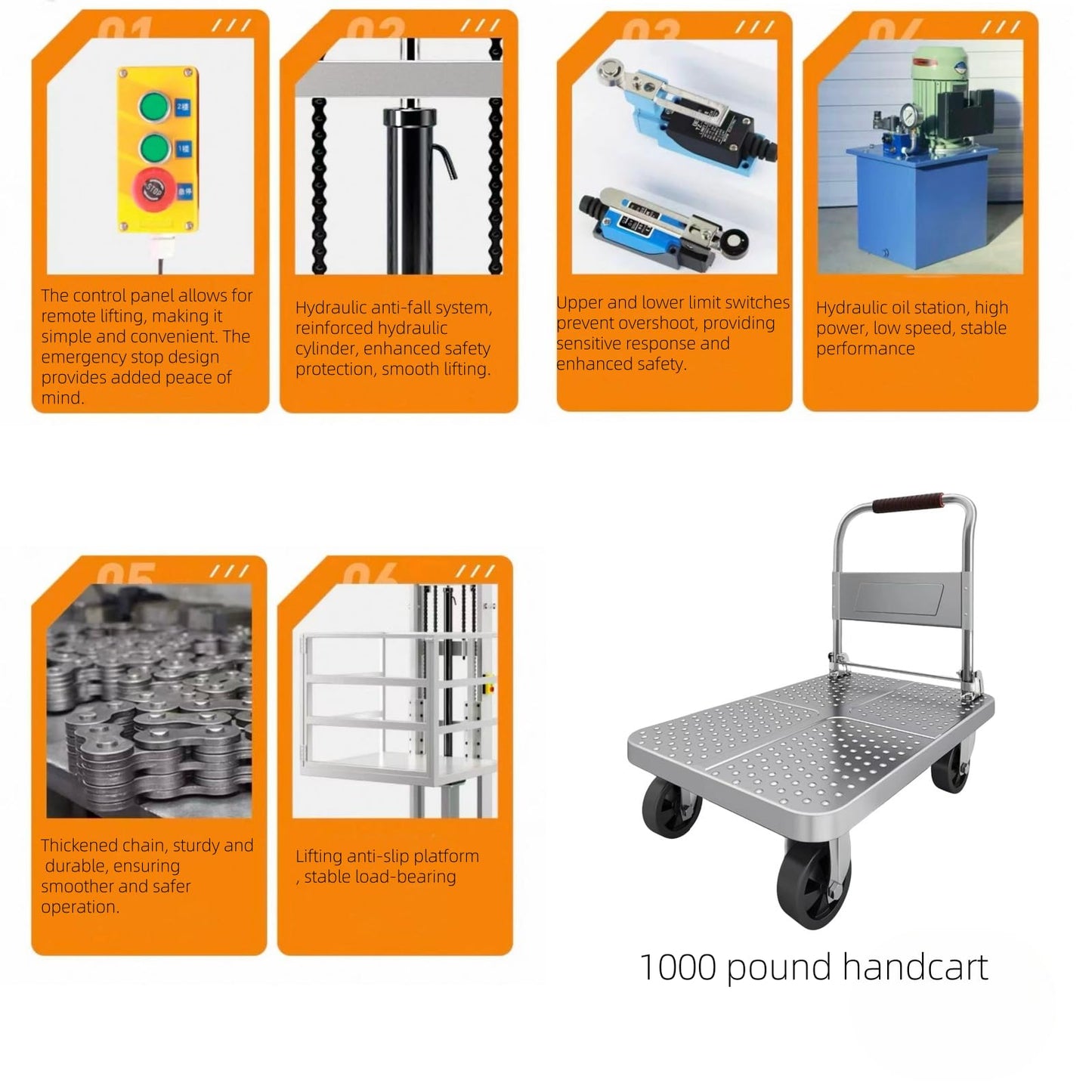 1Ton/2200Lbs Electric Hydraulic Lift Platform, Wall Mounted Freight Elevator with 47.24Inch Upgraded Fence, Anti-Fall Anti-Crush Anti-Top Impact Safety Rail Hoist for Factory Warehouse Household