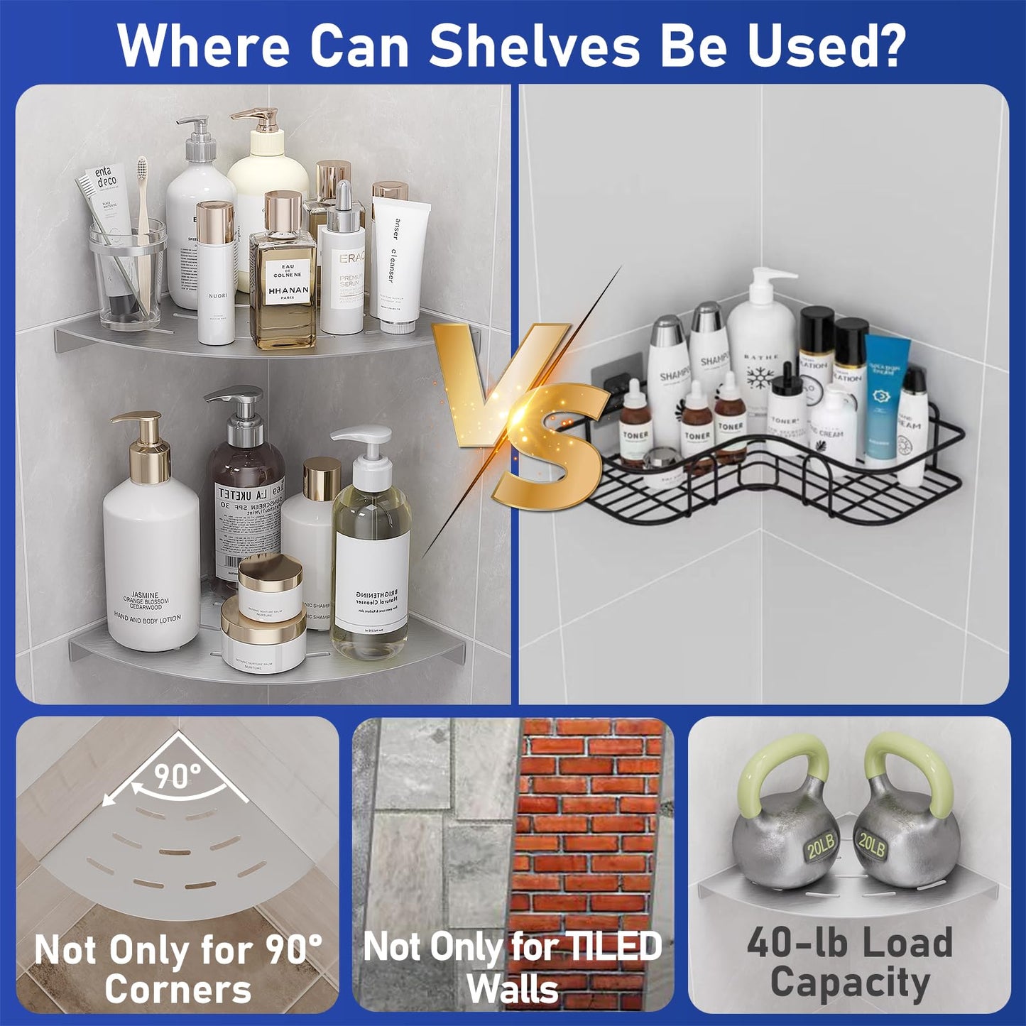LFBA 2 Pack Corner Shower Shelves Load Capacity 40 lbs 304 Stainless Steel Shower Corner Shelf Will not Rust 8in Shower Shelf for Inside Shower Brushed Nickel Drilling Installation