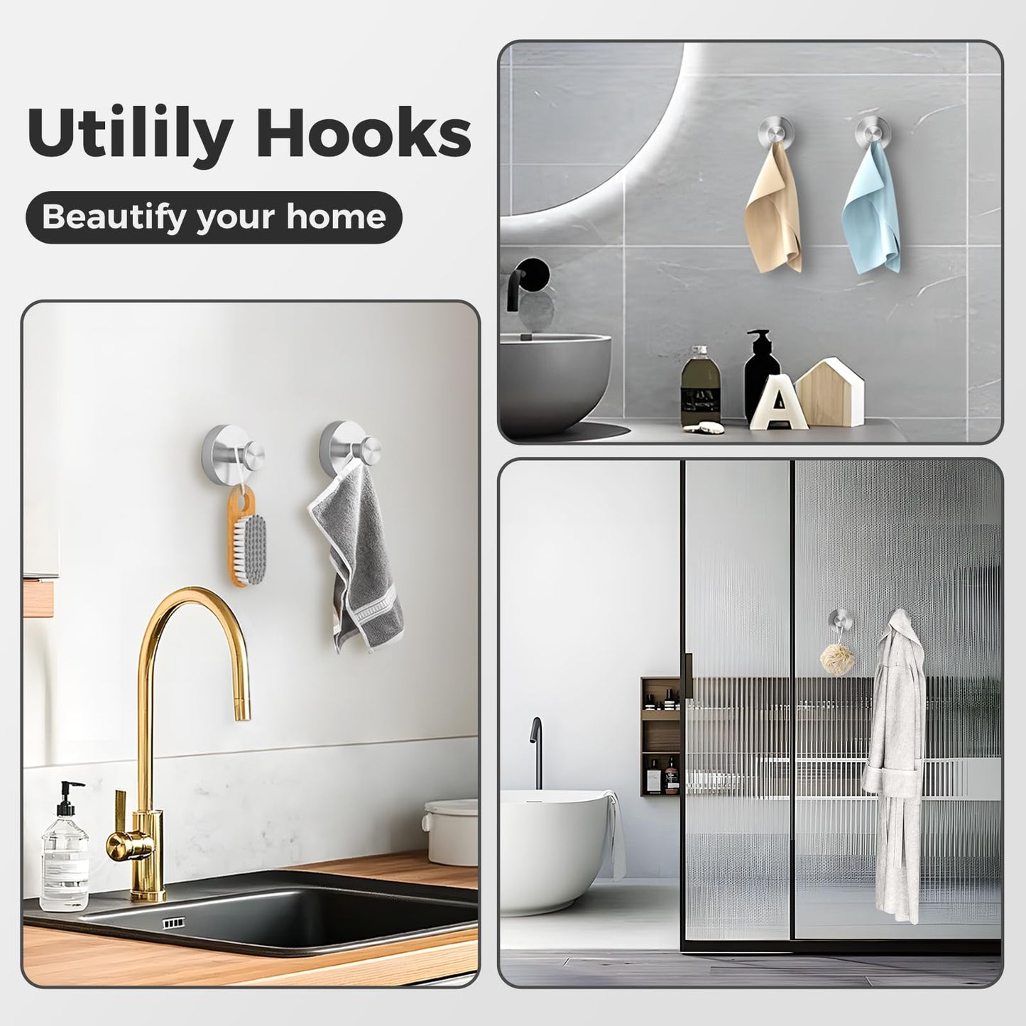 WingWider Shower Hooks for Inside Shower,Suction Cup Hooks for Glass Window,Removable Towel Hooks for Bathrooms,2 Packs(Silver)