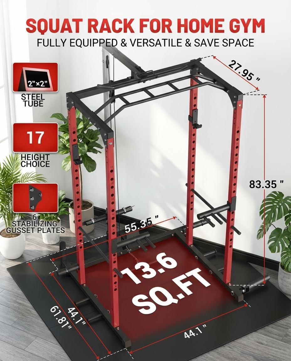 ExploreHorizon All-in-1 Power Cage with Pulley System, 1200LBS Multi-Functional Squat Rack for Home Gym, Weight Cage Includes LAT Pulldown, Dip Bars and More Attachments