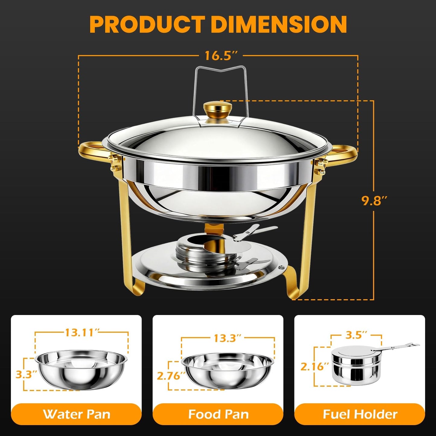 POWERFUEL Chafing Dishes for Buffet, 4 Pack 6QT Round Stainless Steel Chafers Sets with 4 Serving Tongs, Rolled-Edge Food Warmers for Parties, Catering, Weddings, Events Dinners