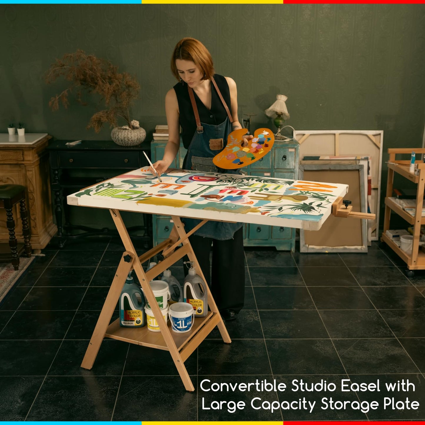 MEEDEN Large Studio Artist Easel, Adjustable Studio Painting Easel, Solid Beechwood H Frame Easel, Display Art Easel for Watercolor, Acrylic, Oil Painting, Adjusts to Max 88", Hold Canvas Up to 59"
