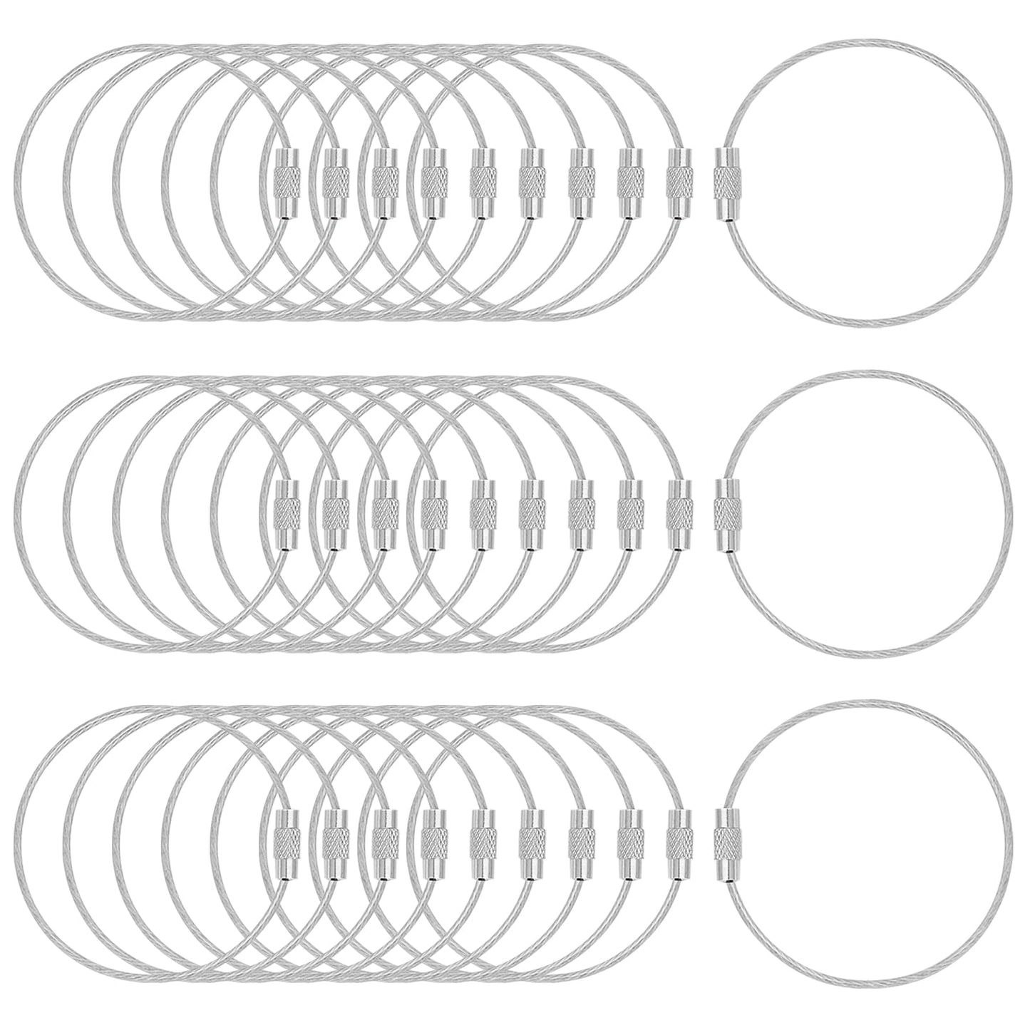 DFTOA-30 Pack 6 inch Extendable Wire Keychain Cable/Luggage Tags/Loops Holder/ID Tag Keeper, Silver Cable Key Ring