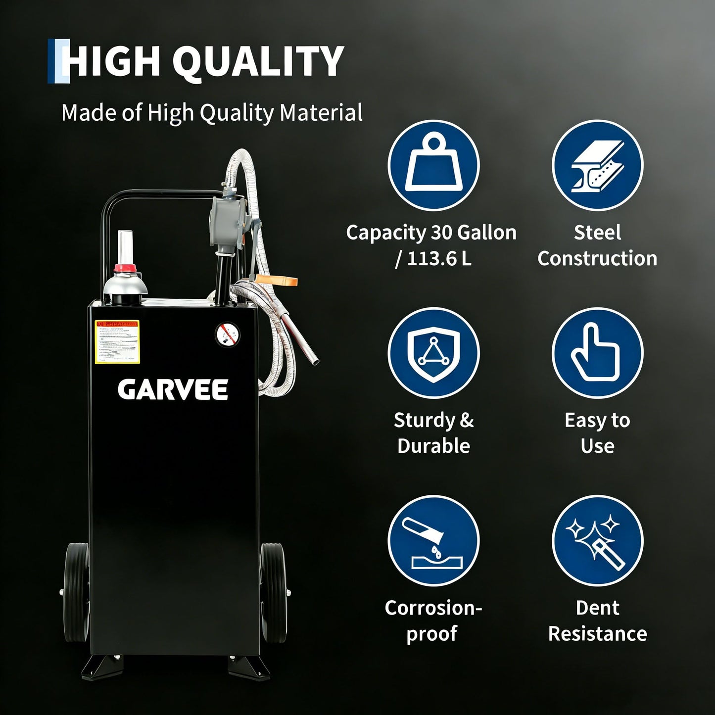 Garvee Fuel Transfer Tank with Pump, 35 Gallon Fuel Caddy, Gas Storage Tank, Gasoline Diesel Fuel Tank for Cars, Lawn Mowers, ATVs, Boats, More, Black